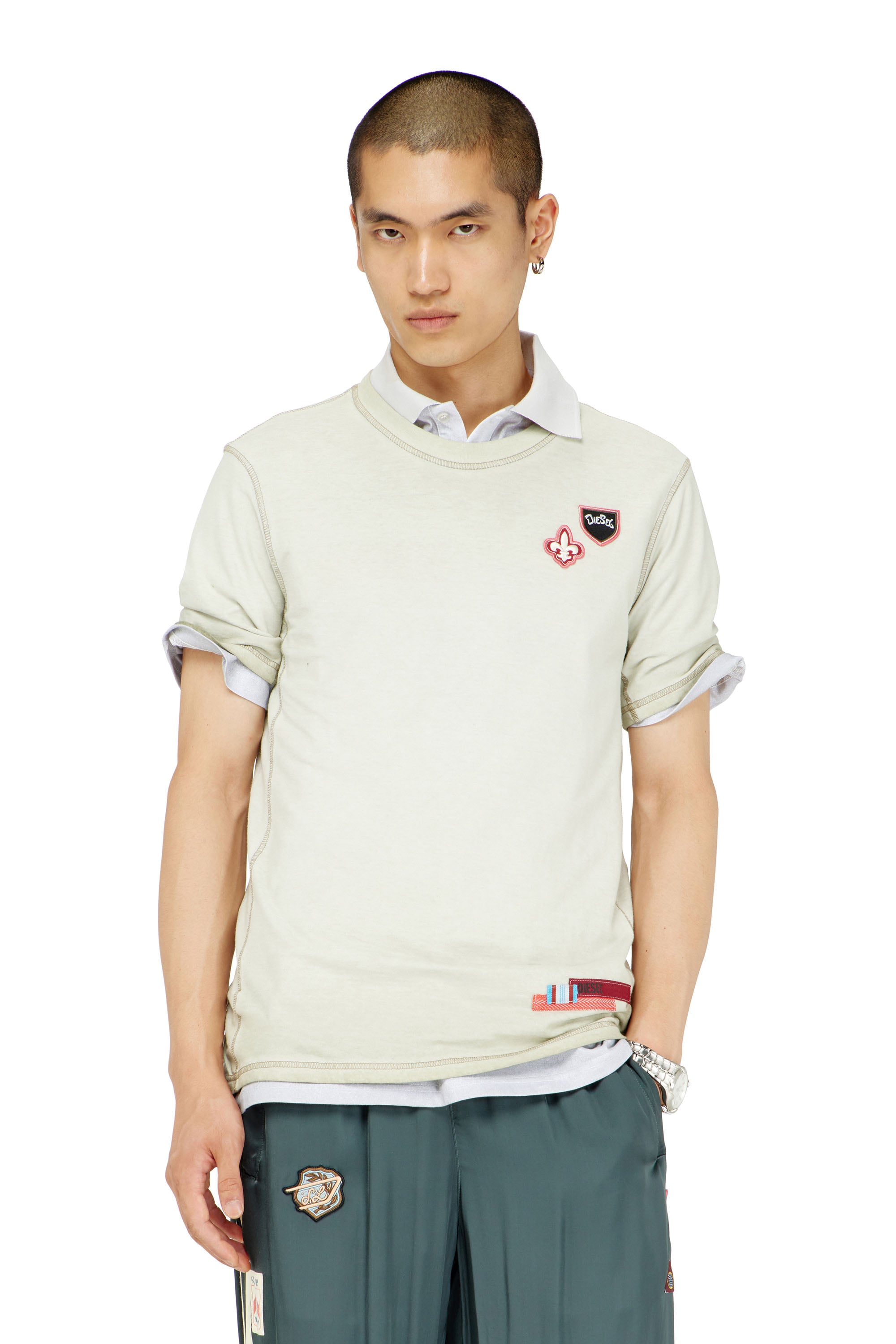 Diesel - T-BOWIE, Man's T-shirt with patches and microwaffle sides in Light Grey - 1