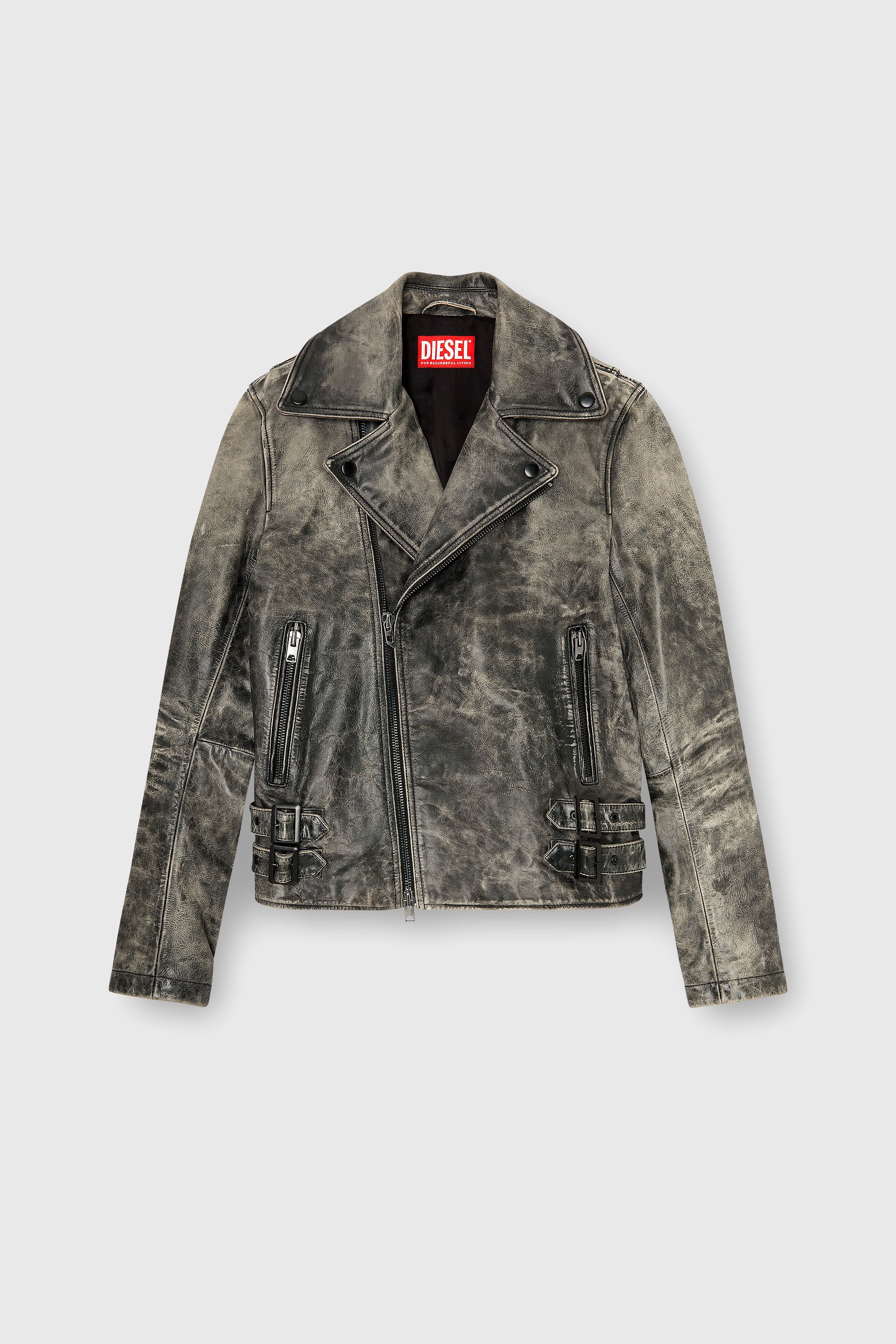 Diesel - L-EON-CJCM, Chaqueta biker de piel tratada Hombre in Gris - 2
