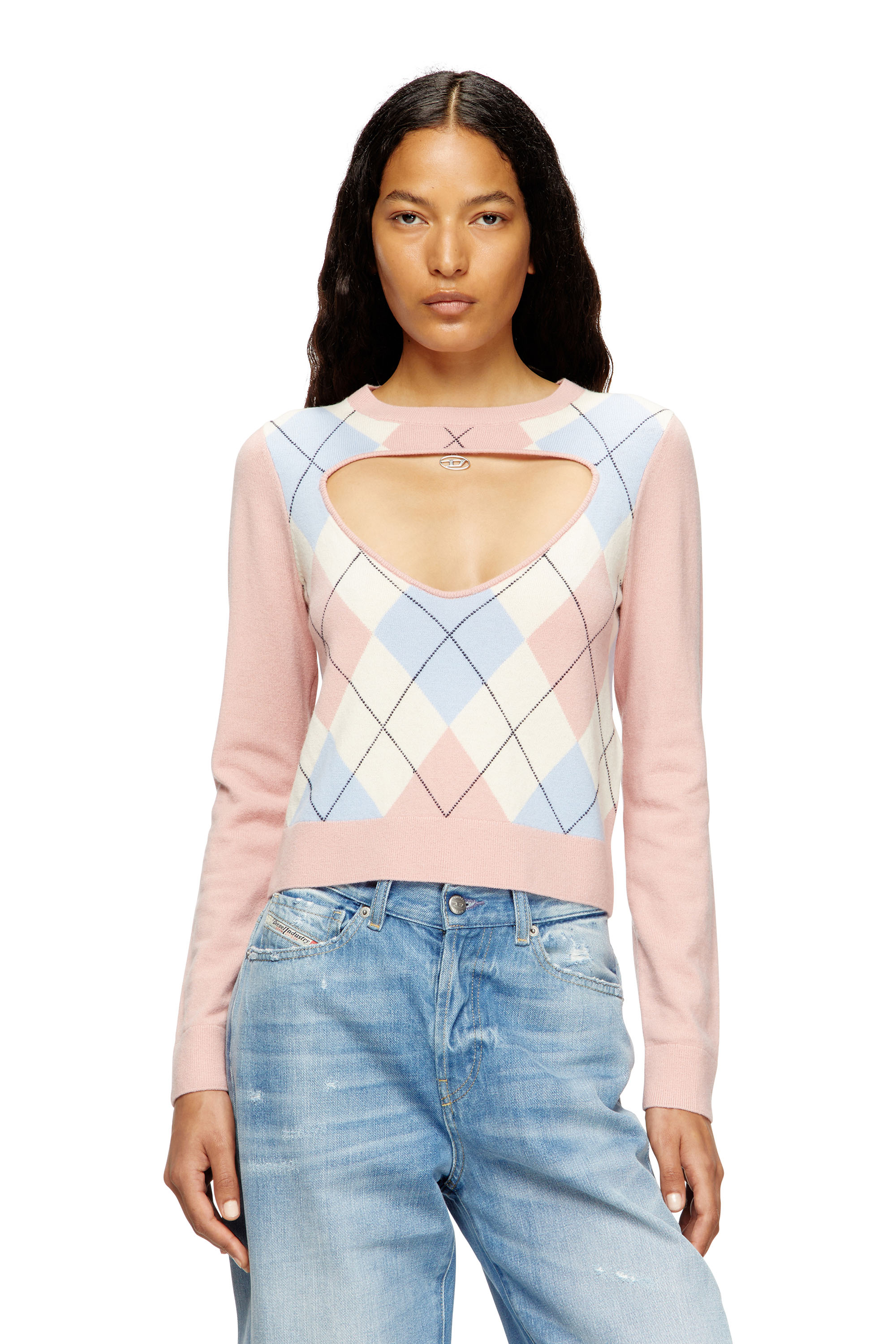 Diesel - M-ROMKO-LS, Female's Cut-out jumper in argyle wool in Pink - 1