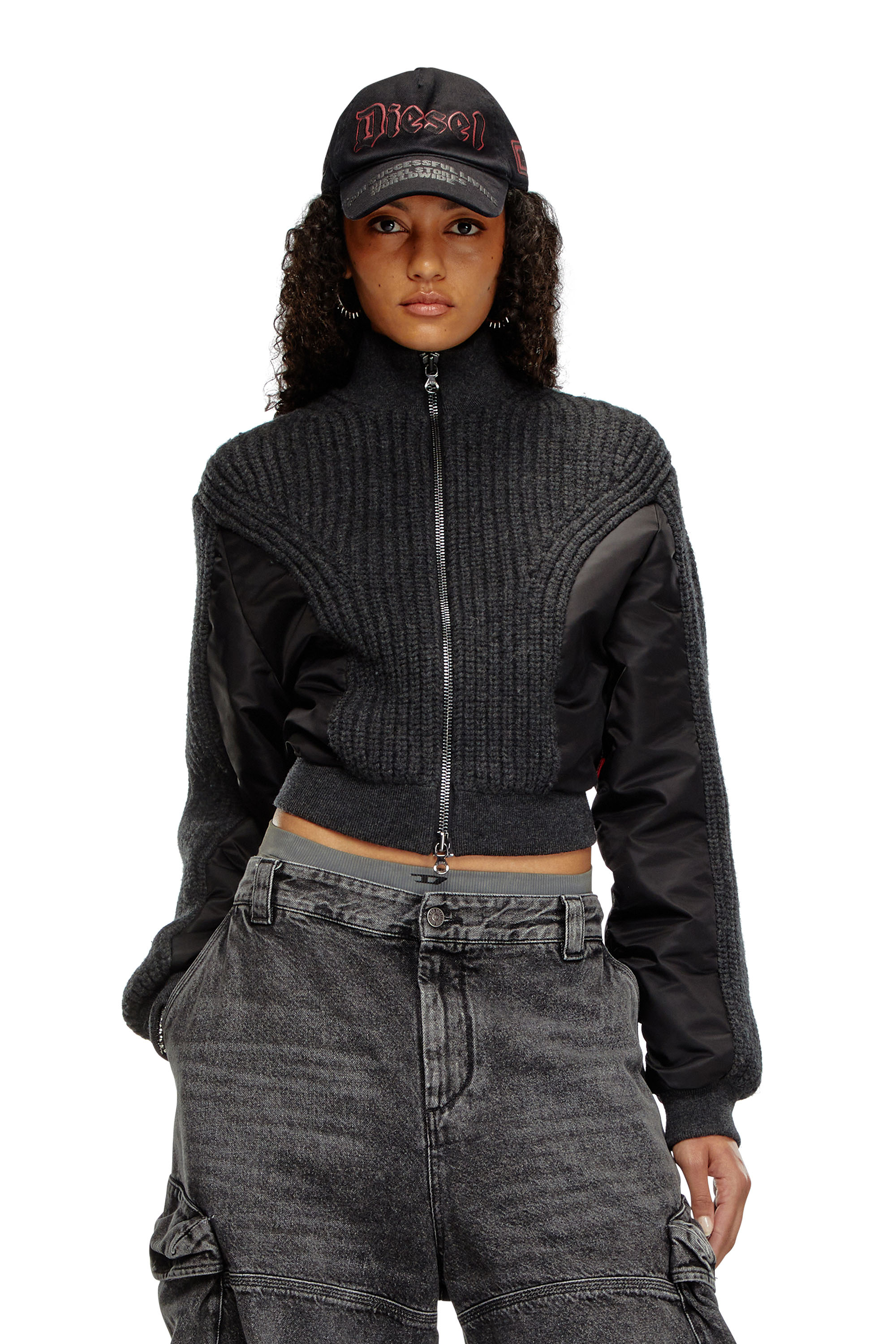 Women's Jacket in wool knit and padded nylon | Black | Diesel
