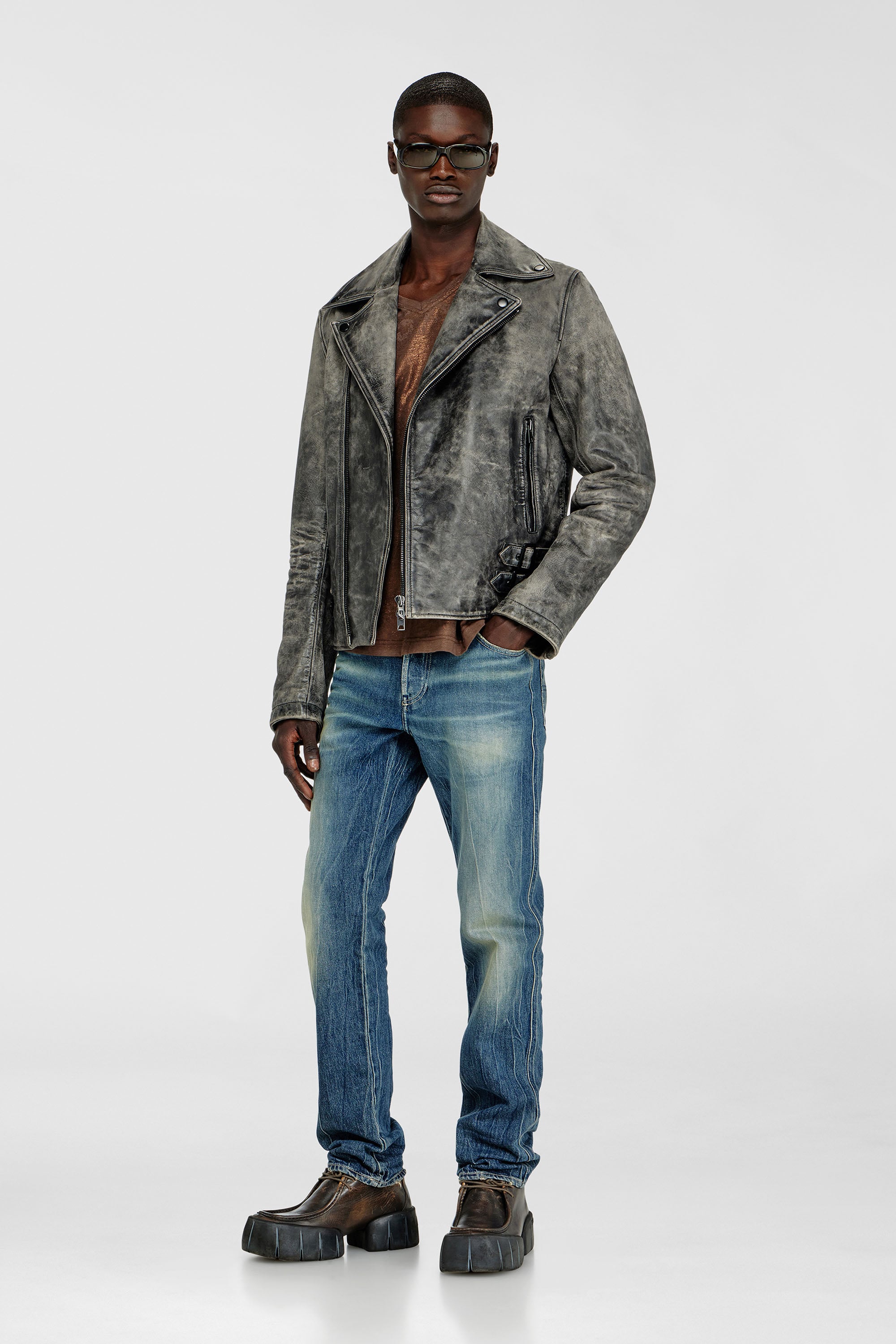 Diesel - L-EON-CJCM, Male's Biker jacket in treated leather in Dark Grey - 2