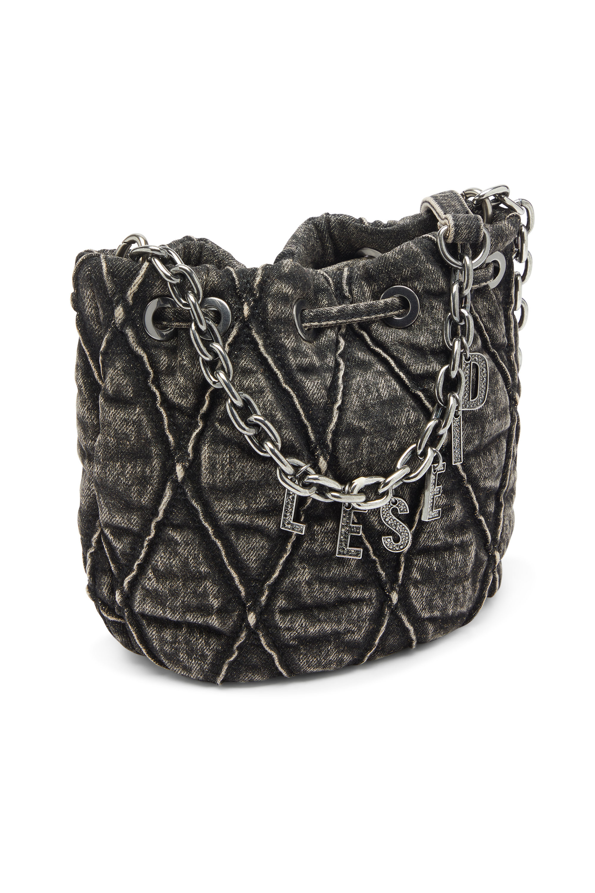 Diesel - CHARM-D BUCKET S, Woman's Charm-D - Bucket bag in acid-wash quilted denim in Dark grey - 5