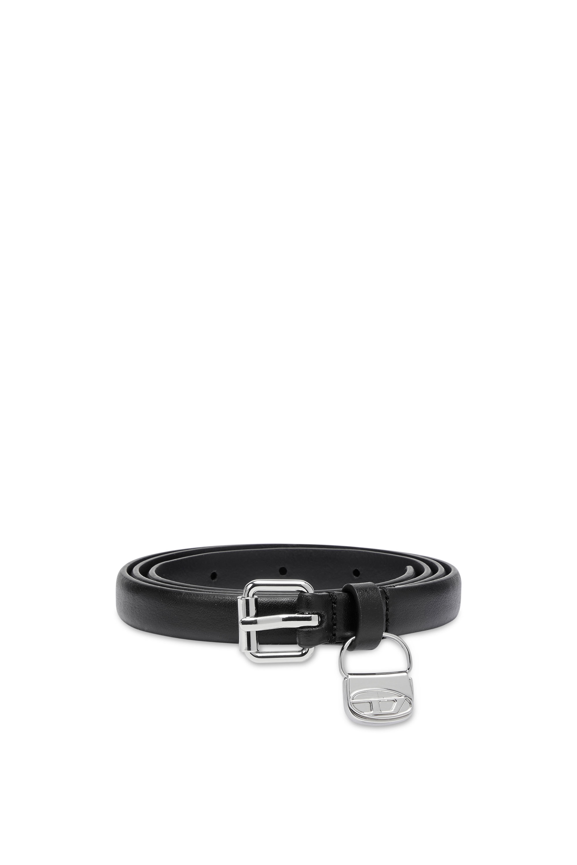 Diesel - B-CHARM HIP, Female's 1.4cm slim leather belt with 1DR bag charm in Black - 1