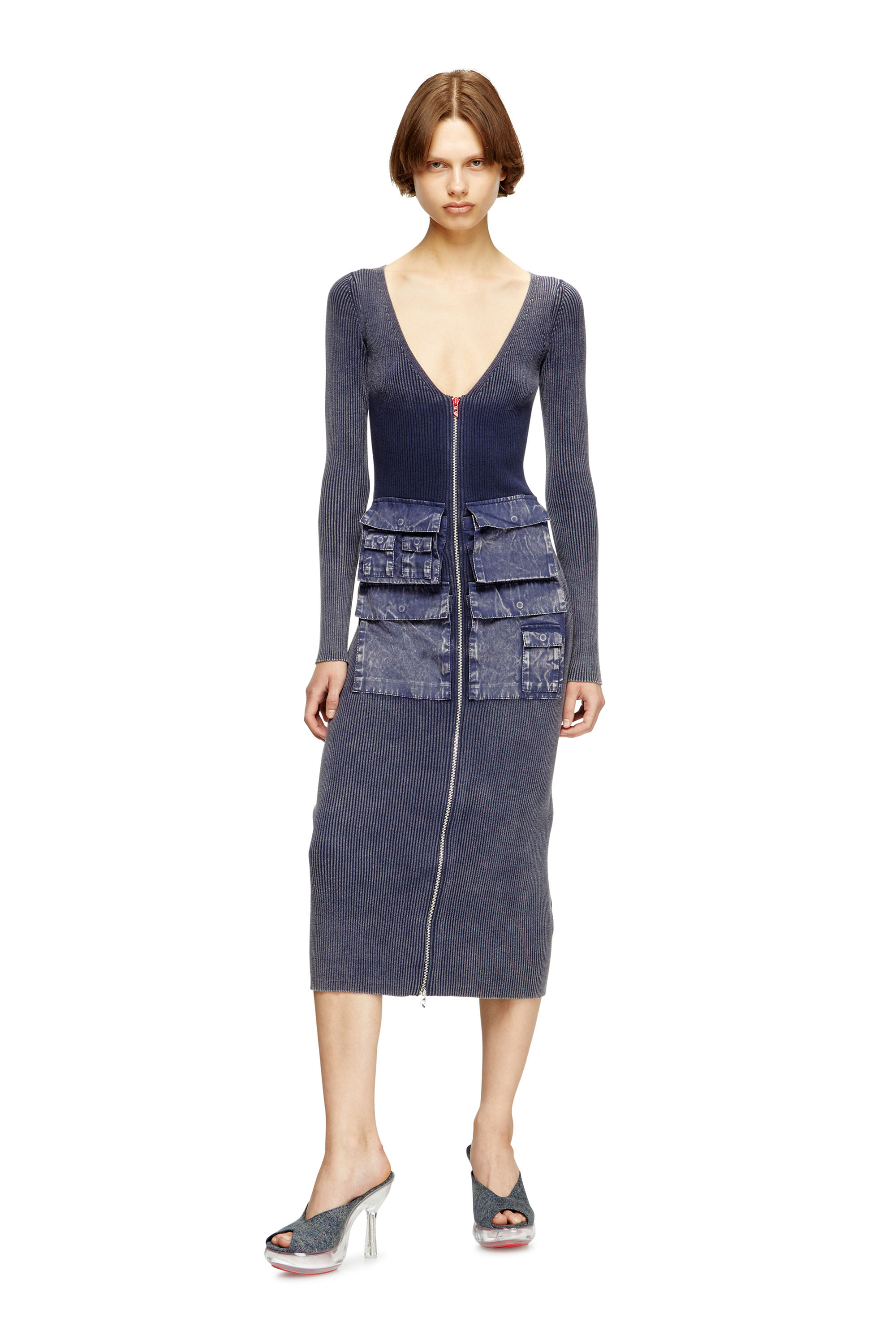 Diesel - M-MELTI-LS, Woman's Ribbed midi dress with denim treatment in Blue - 2