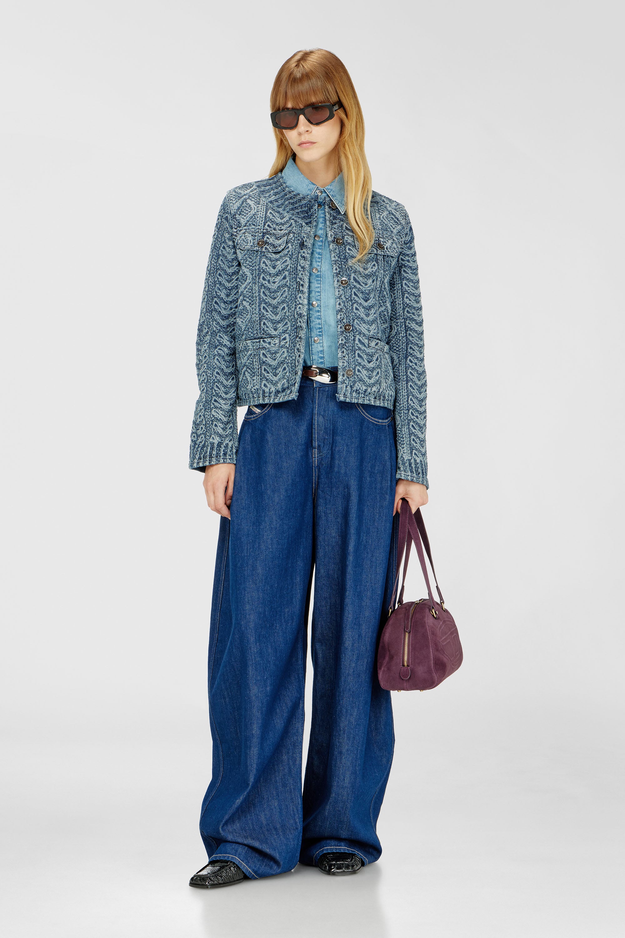 Diesel - DE-GRAFY-S2, Chaqueta sin cuello de denim con efecto punto trenzado Mujer in Azul marino - 2