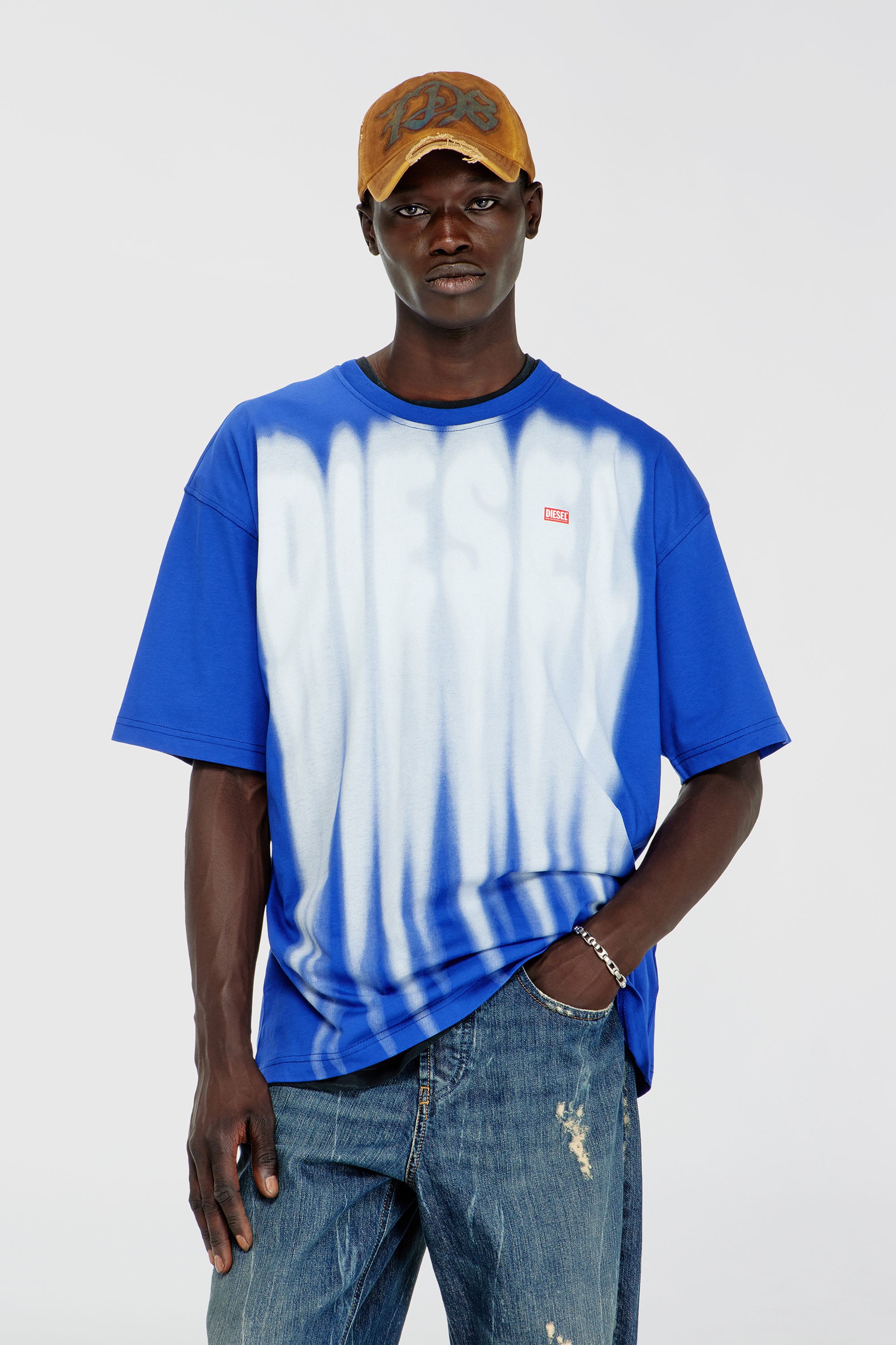 Diesel - T-BOXT-AA1, Man's Cotton T-shirt with bold logo print in Blue/White - 1