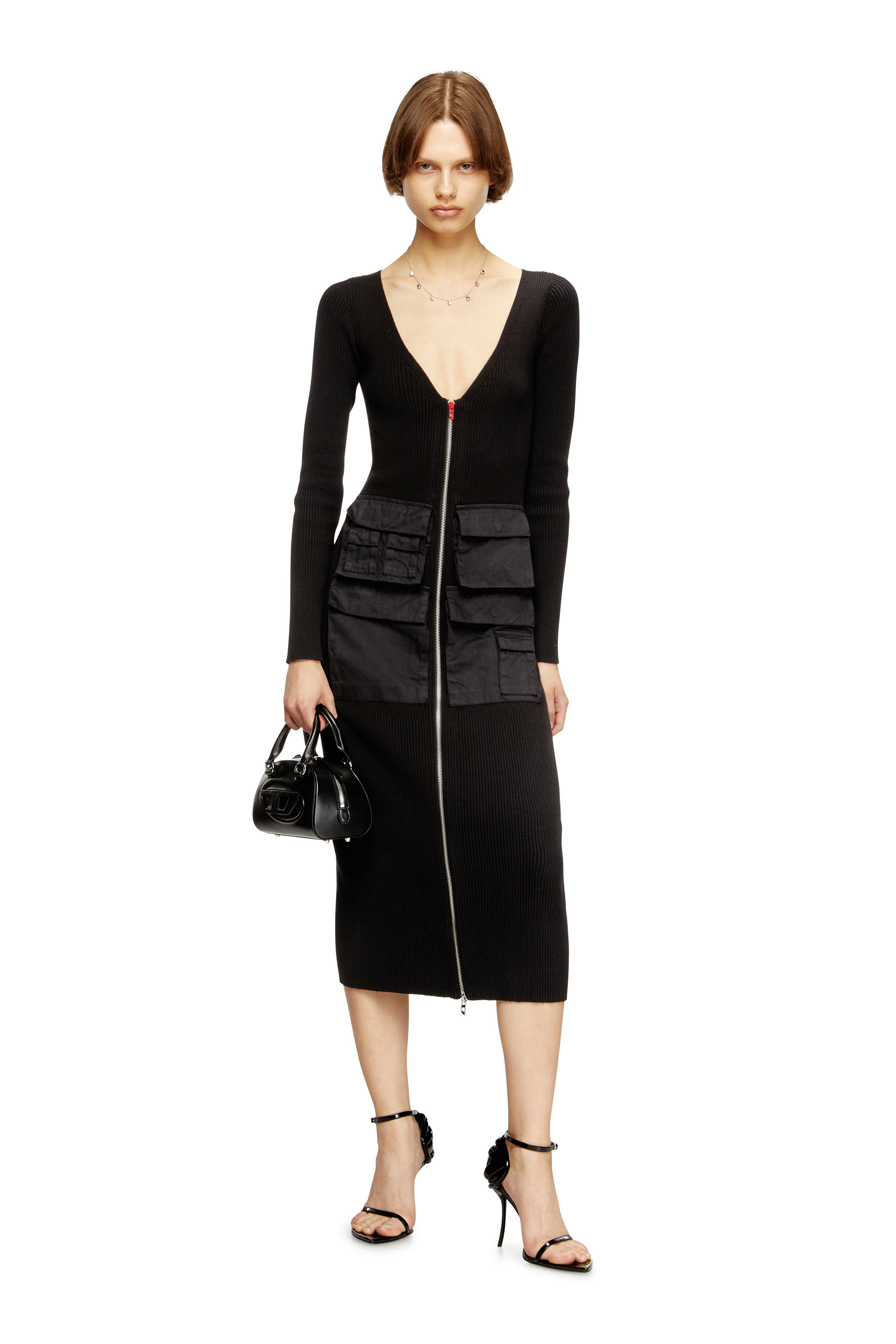 Diesel - M-MELTI-LS, Female's Ribbed midi dress with cargo pockets in Black - 1