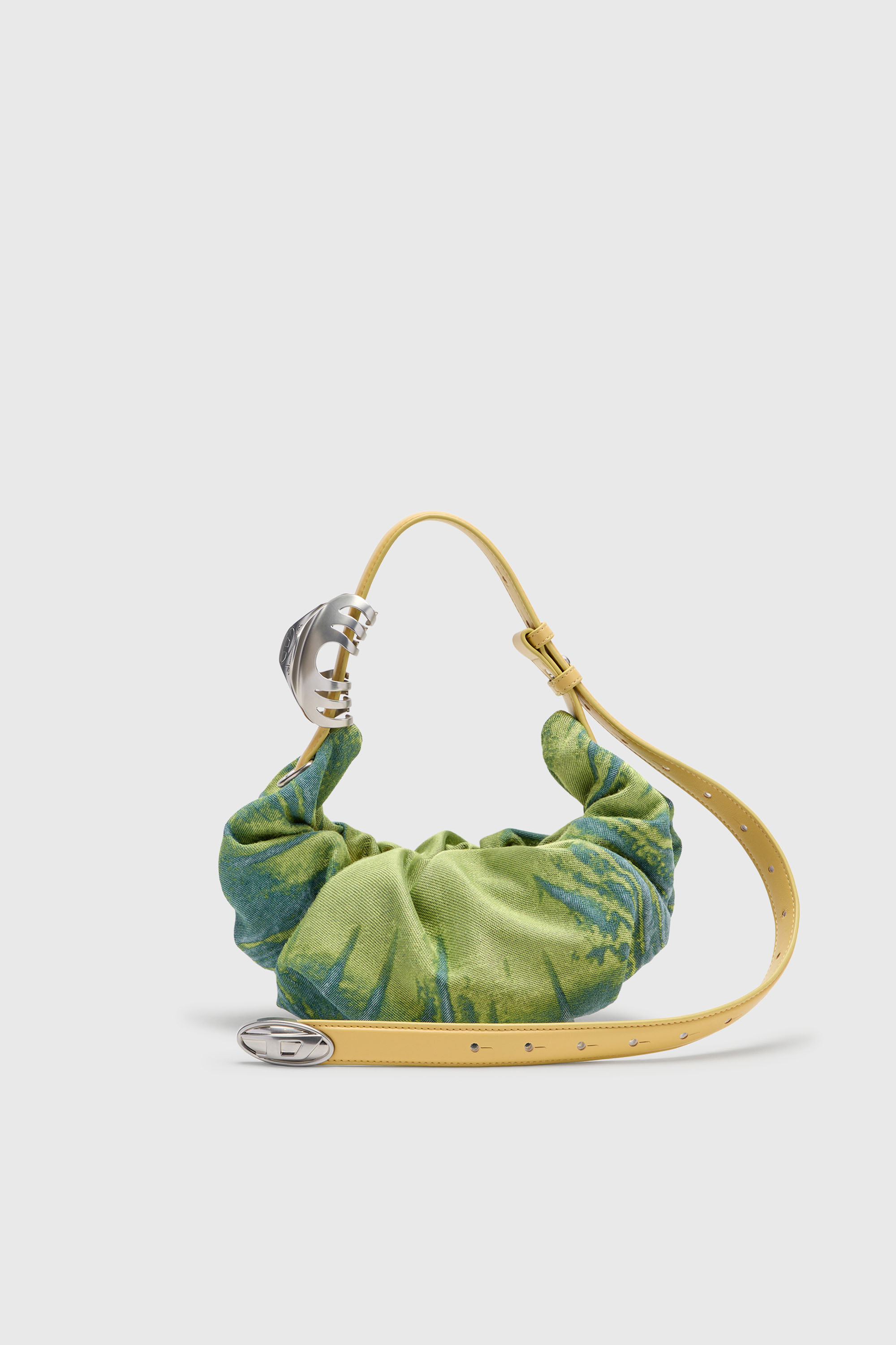 Diesel - GRAB-D HOBO S, Grab-D-Bolso hobo peque&ntilde;o en denim satinado arrugado Mujer in Verde - 1