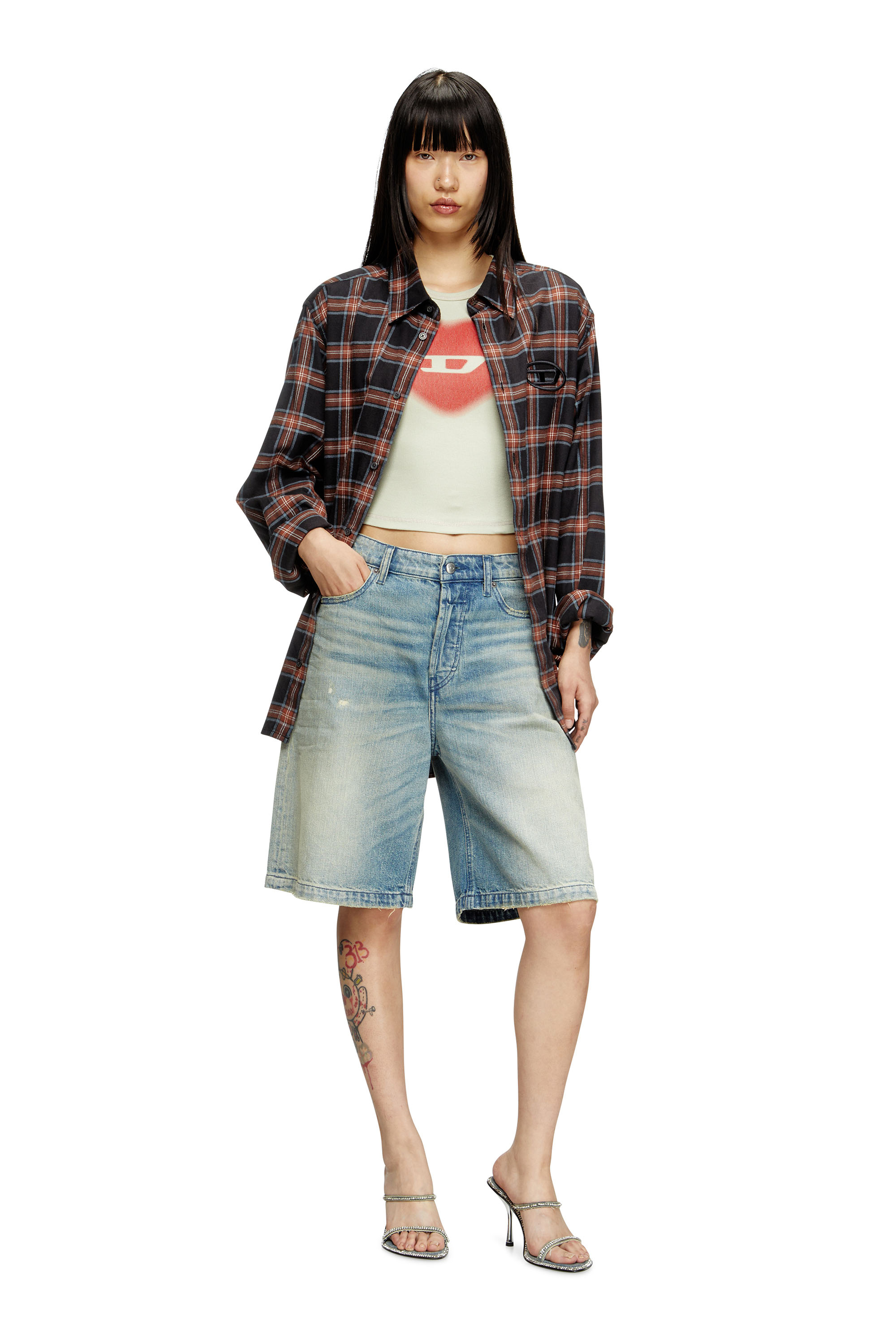 Diesel - T-ELE, Woman's Ribbed T-shirt with watercolour heart D in Light Grey - 2