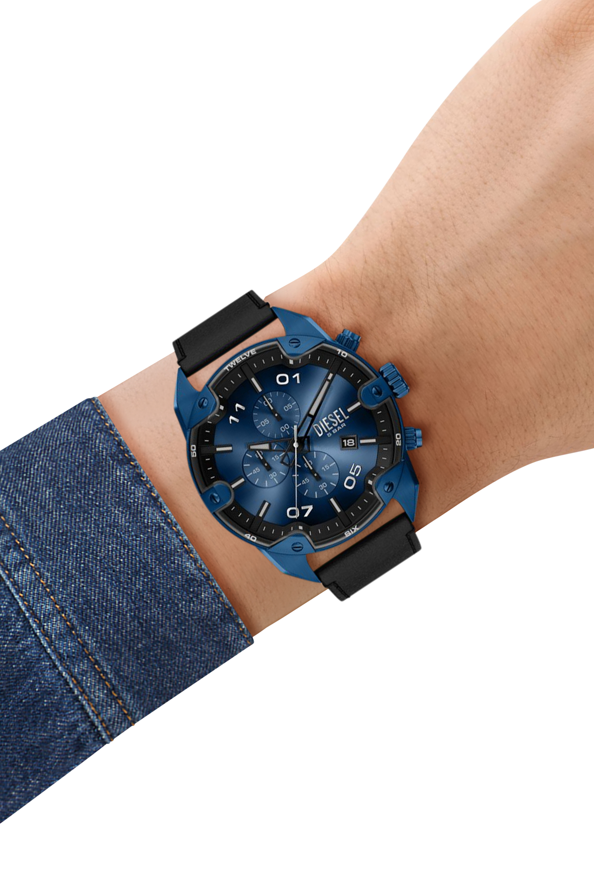 Diesel - DZ4703 WATCH, Man's Spiked Chronograph Black Leather Watch in Black/Blue - 8