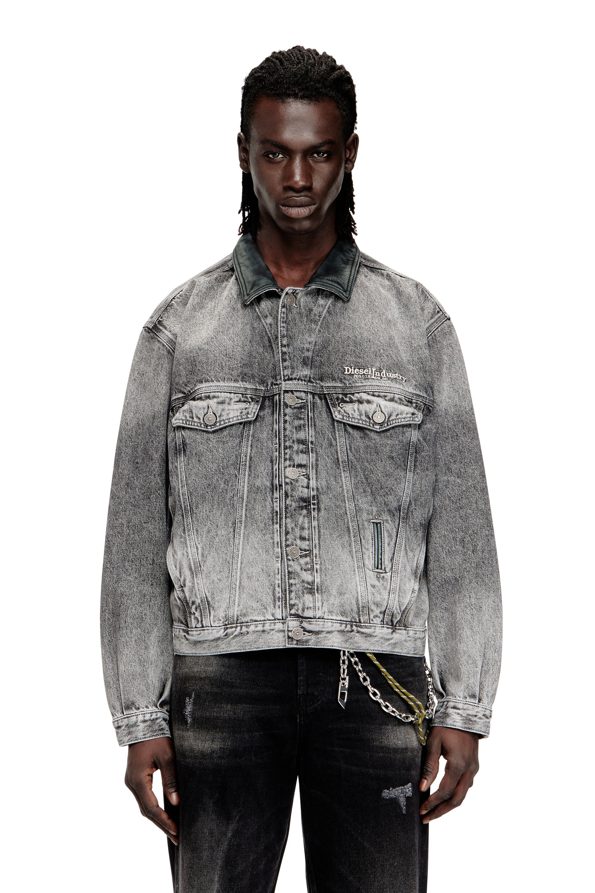 Diesel - D-DENVER-S, Unisex's Denim trucker jacket with tonal leather trims in Grey - 2