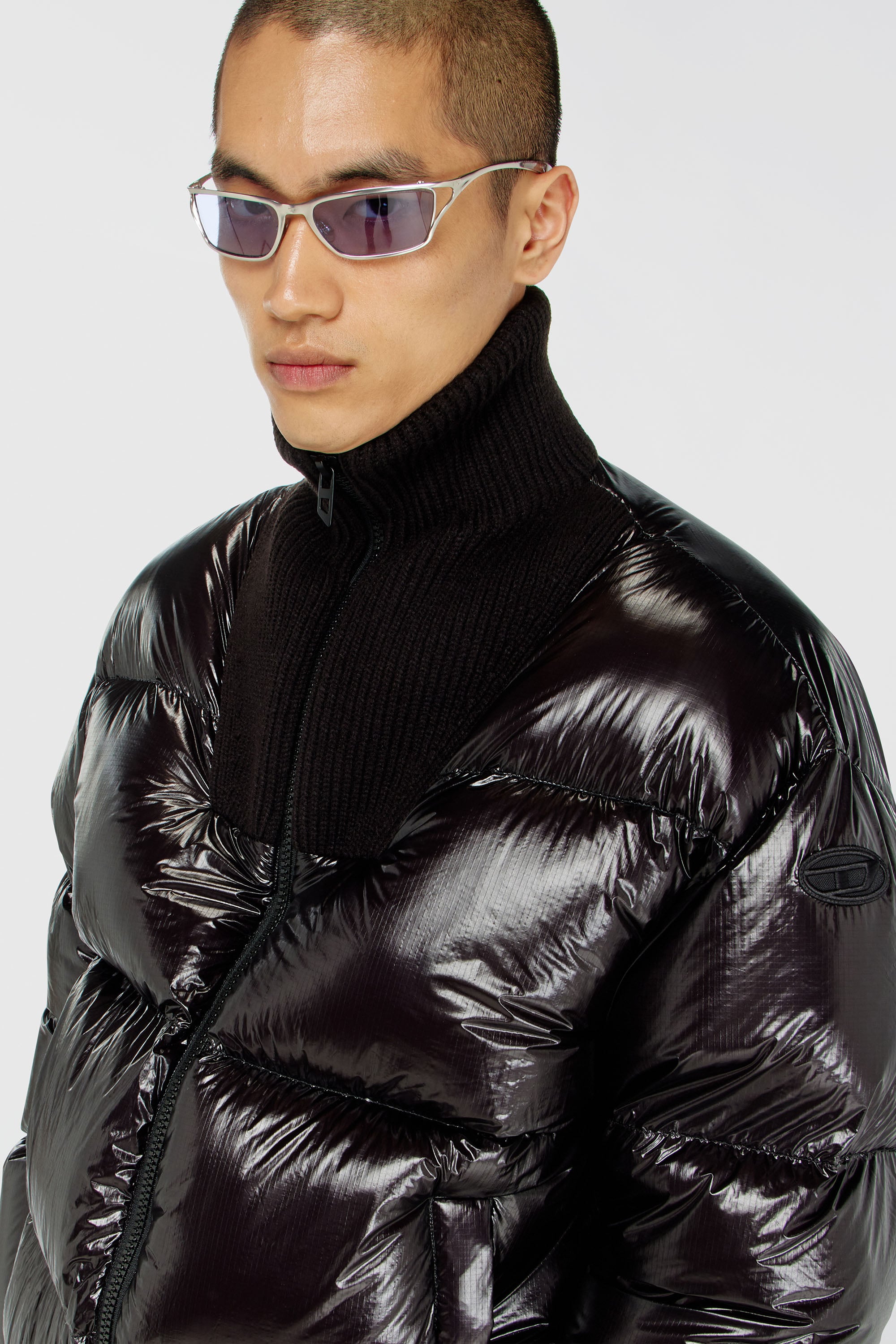 Diesel - W-RIBB, Male's Down puffer jacket in ripstop with ribbed collar in Black - 4