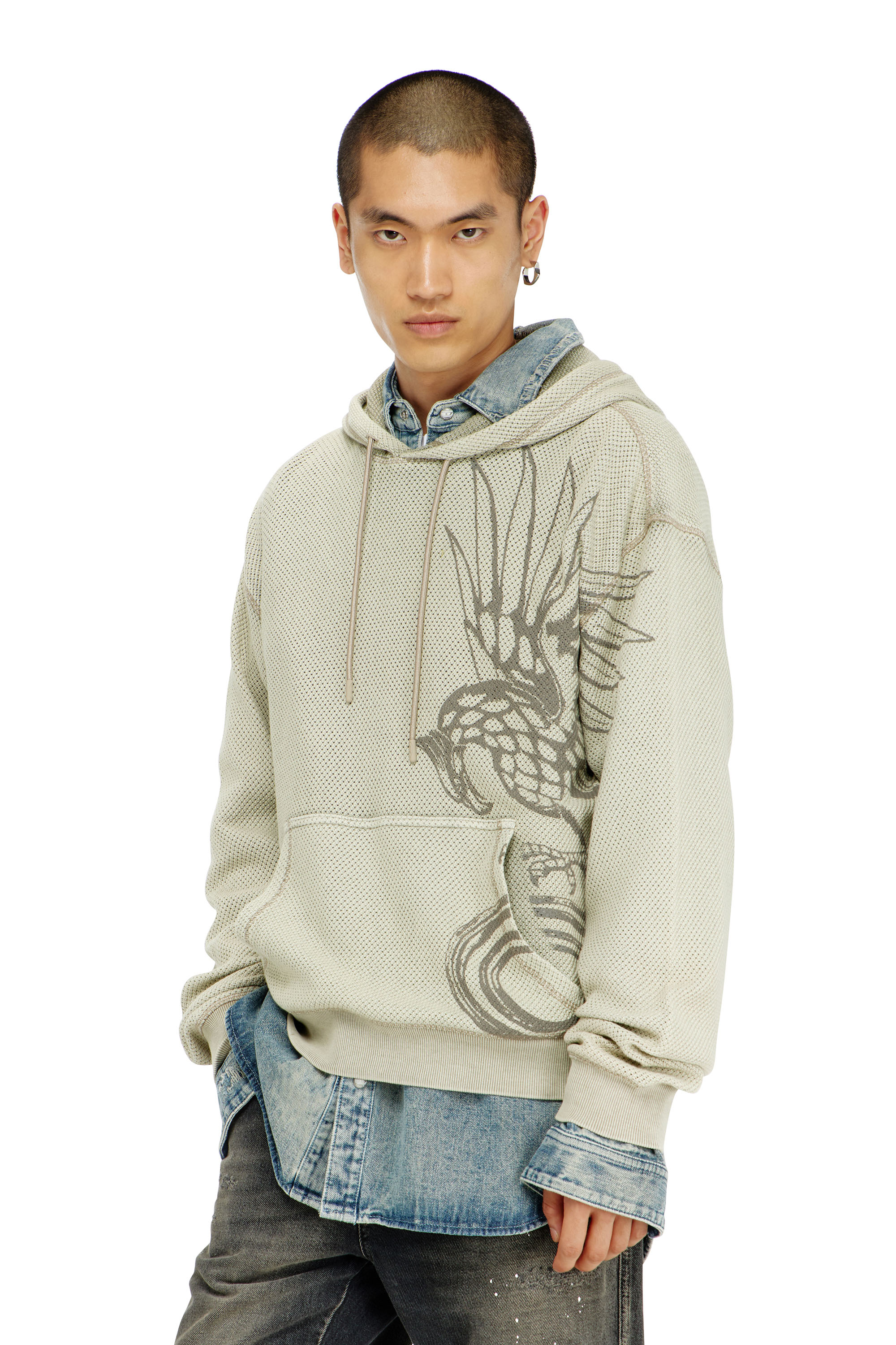 Diesel - S-NORM-HOOD-AA1, Sudadera con capucha de malla de algod&oacute;n texturizada Hombre in Beige - 1