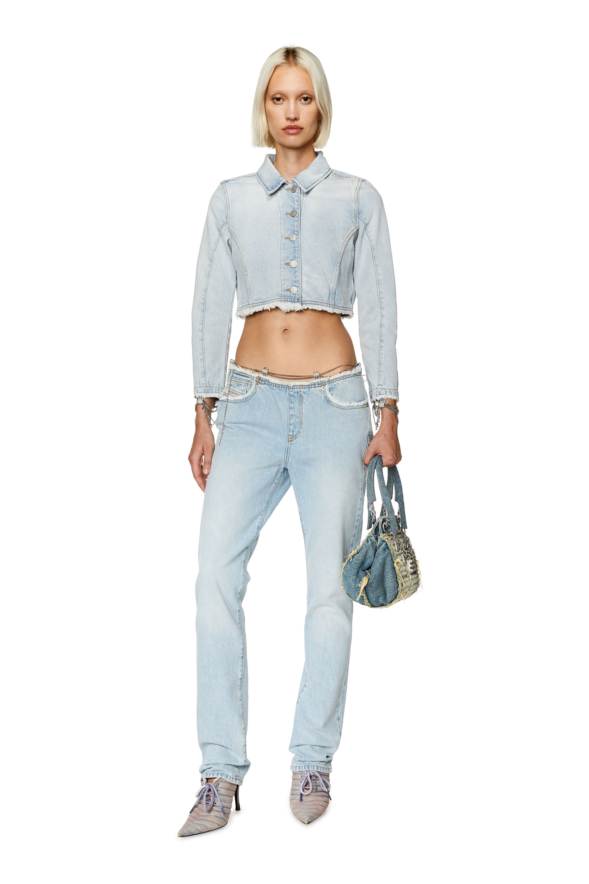 Diesel - DE-SLICHAIN-FSD, Woman's Cropped denim jacket with chain detail in Light Blue - 1