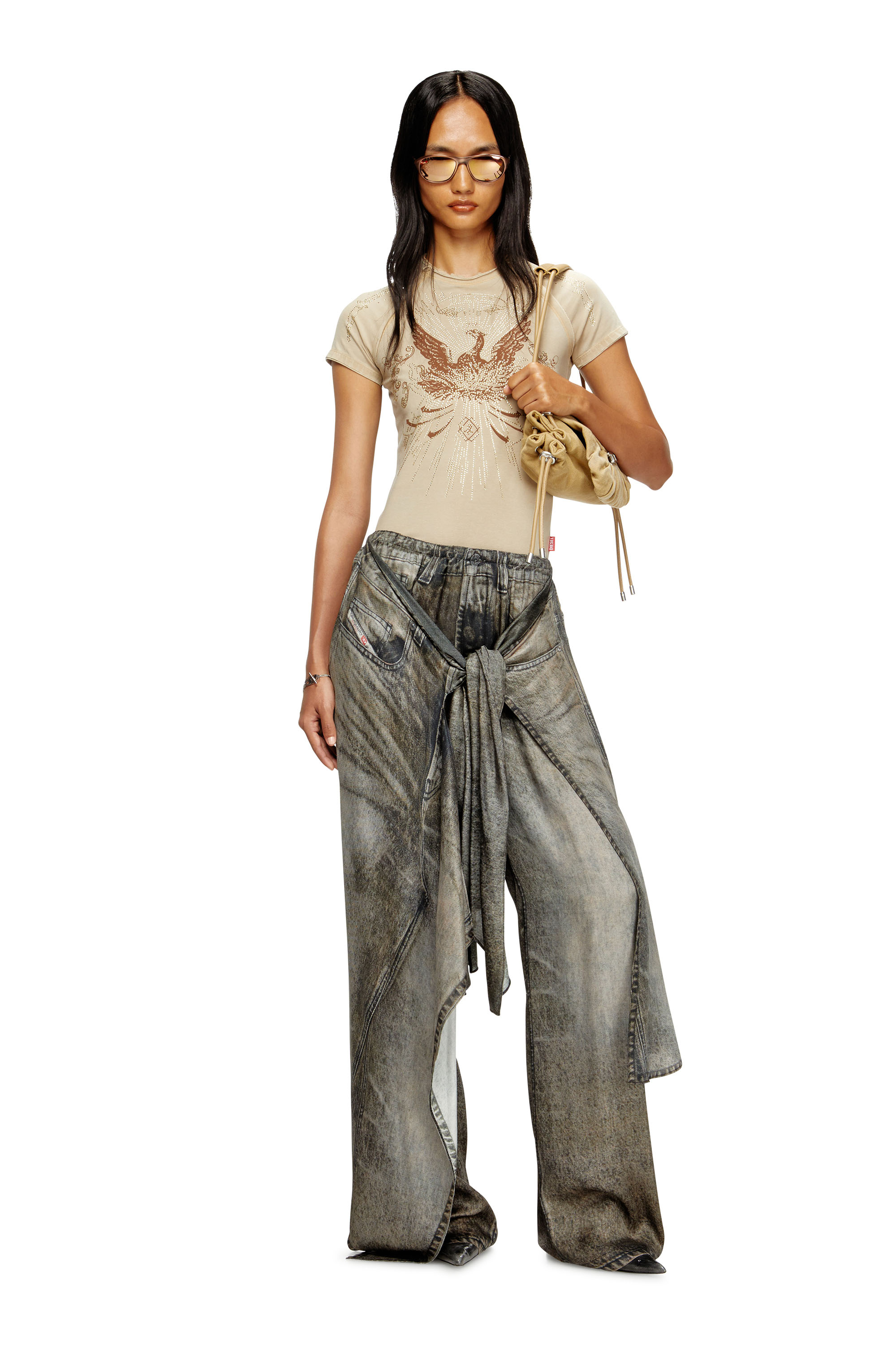 Diesel - T-ROWEENA, Female's Phoenix T-shirt with rhinestones in Light Brown - 1