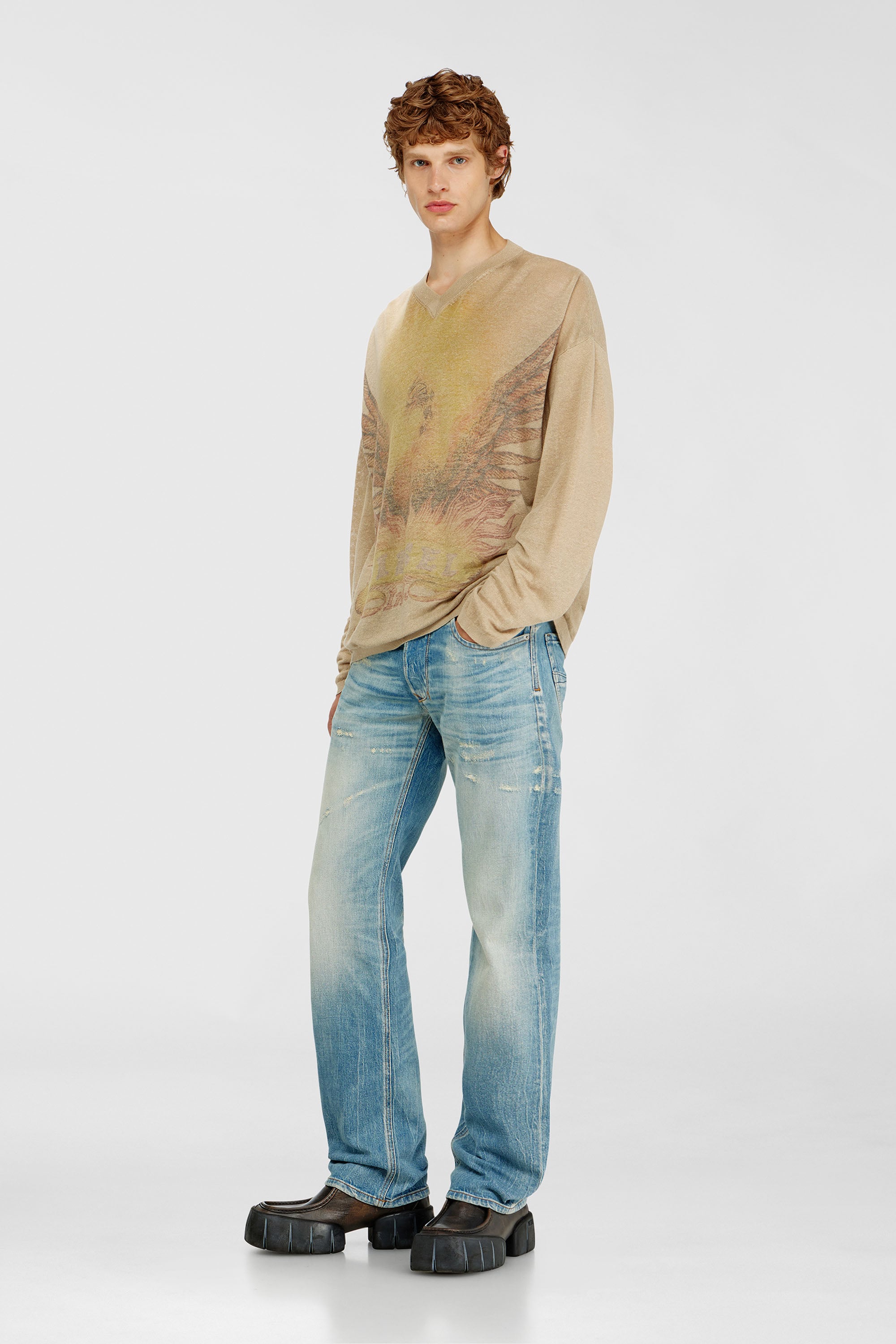 Diesel - K-ARMINS, Male's Linen jumper with faded Phoenix print in Beige - 2