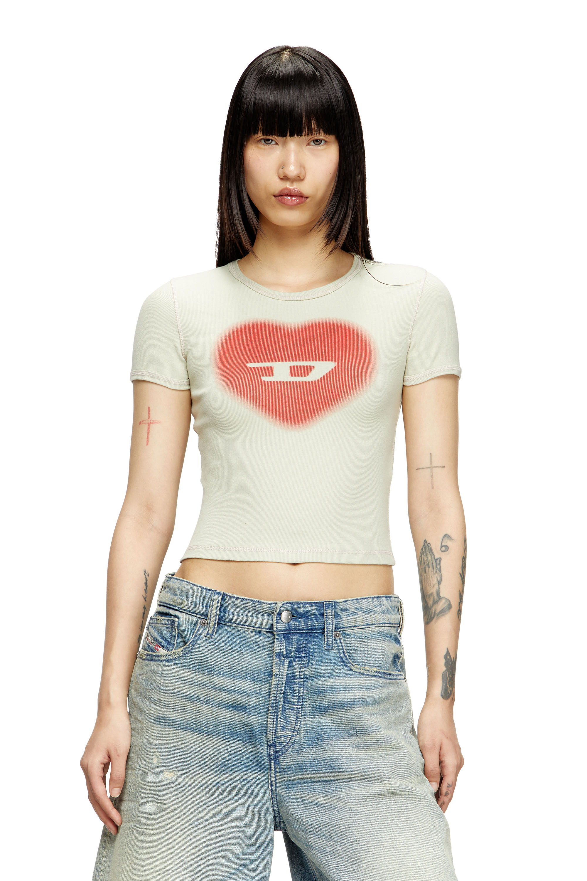 Diesel - T-ELE, Woman's Ribbed T-shirt with watercolour heart D in Light Grey - 1