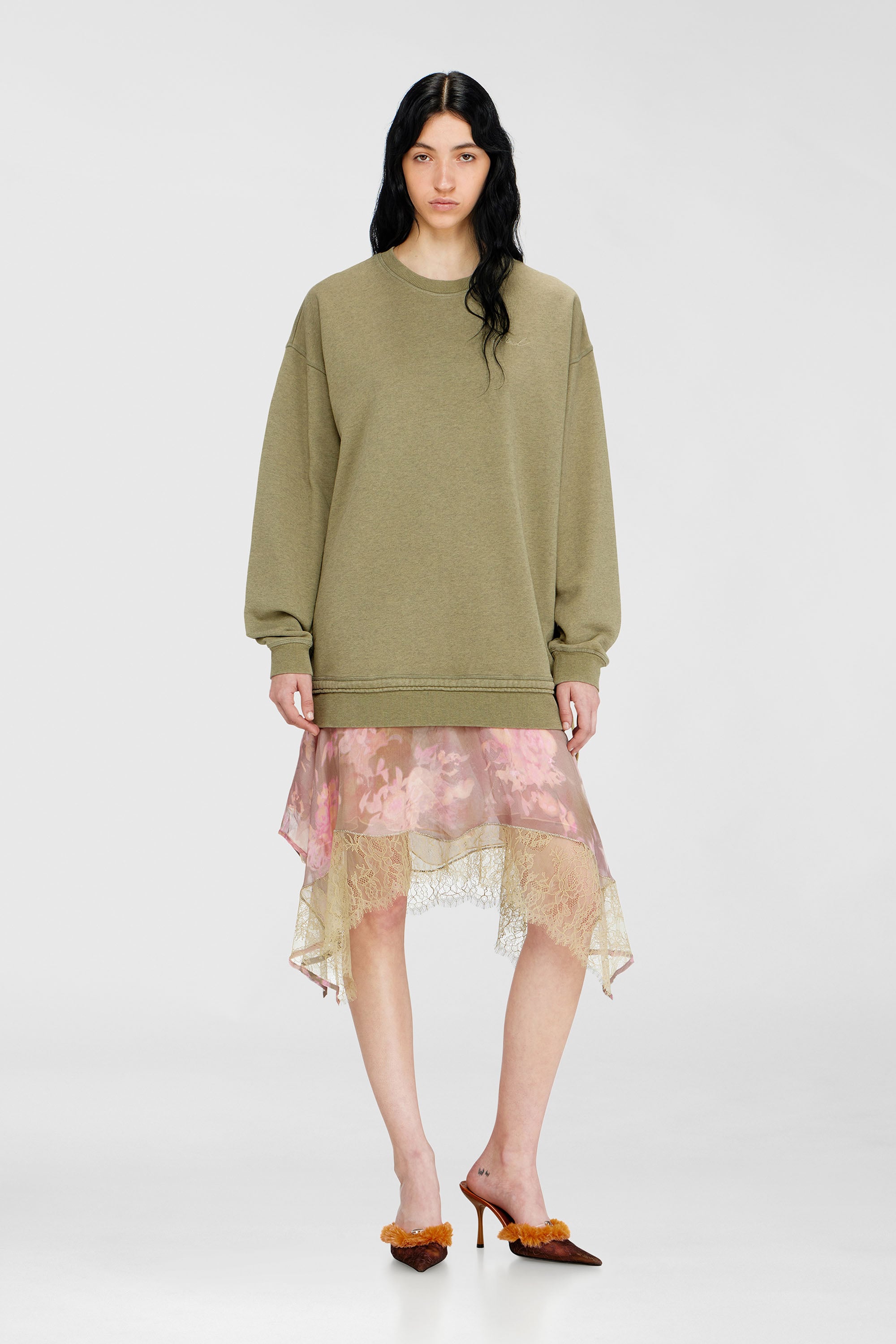 Diesel - D-ORELY, Female's Sweatshirt dress with chiffon and lace skirt in Pink/Green - 1