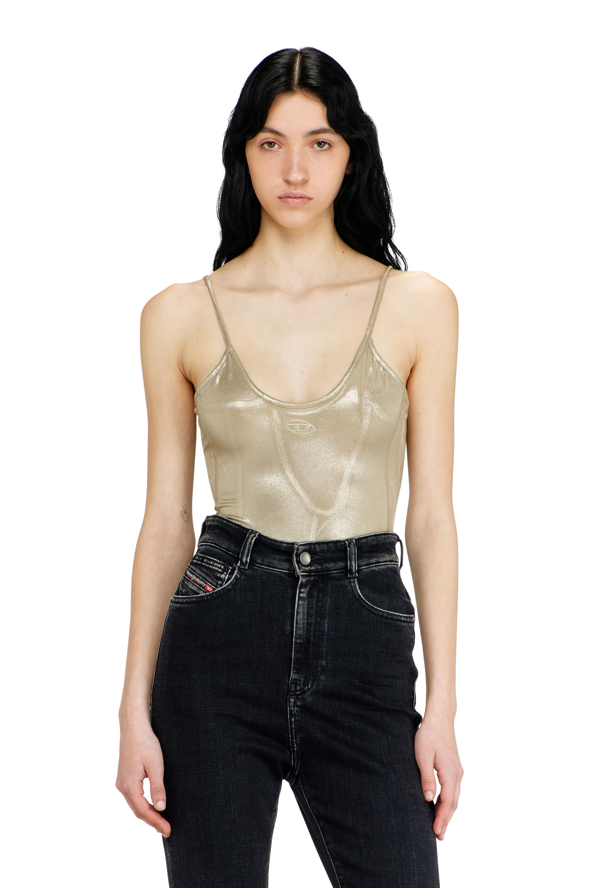 Diesel - T-IMYNY, Woman's Shiny jersey bodysuit with round neck in Beige - 1