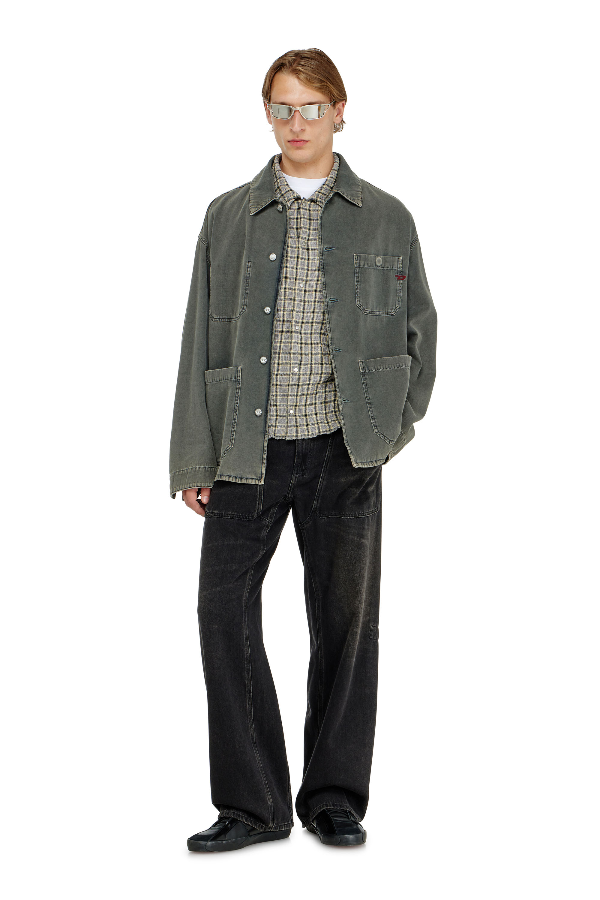 Diesel - S-SEERK, Man's Check shirt with seersucker effect in Green/Grey - 2