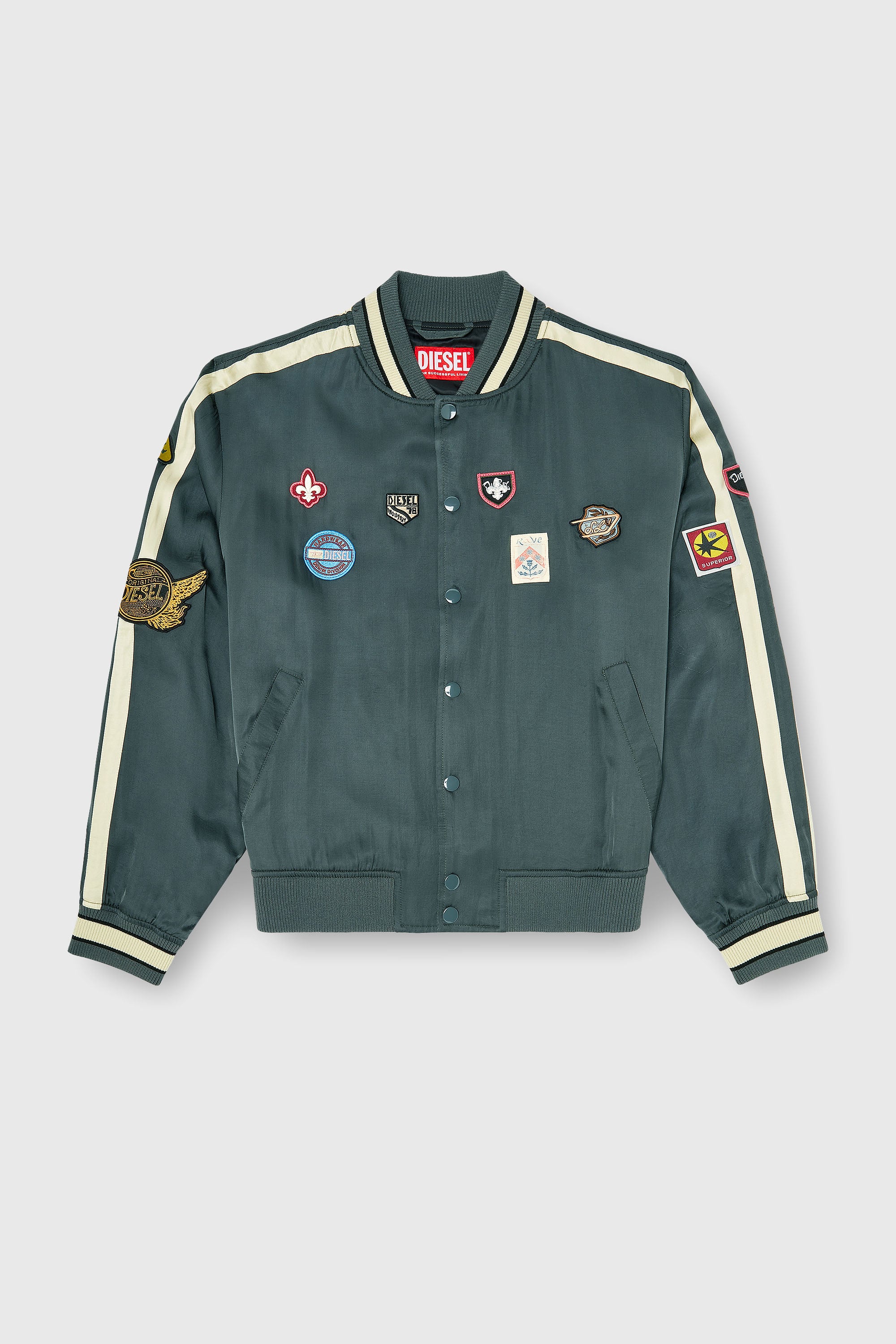 Diesel - J-ANNU, Chaqueta bomber satinada con patches Hombre in Verde - 2
