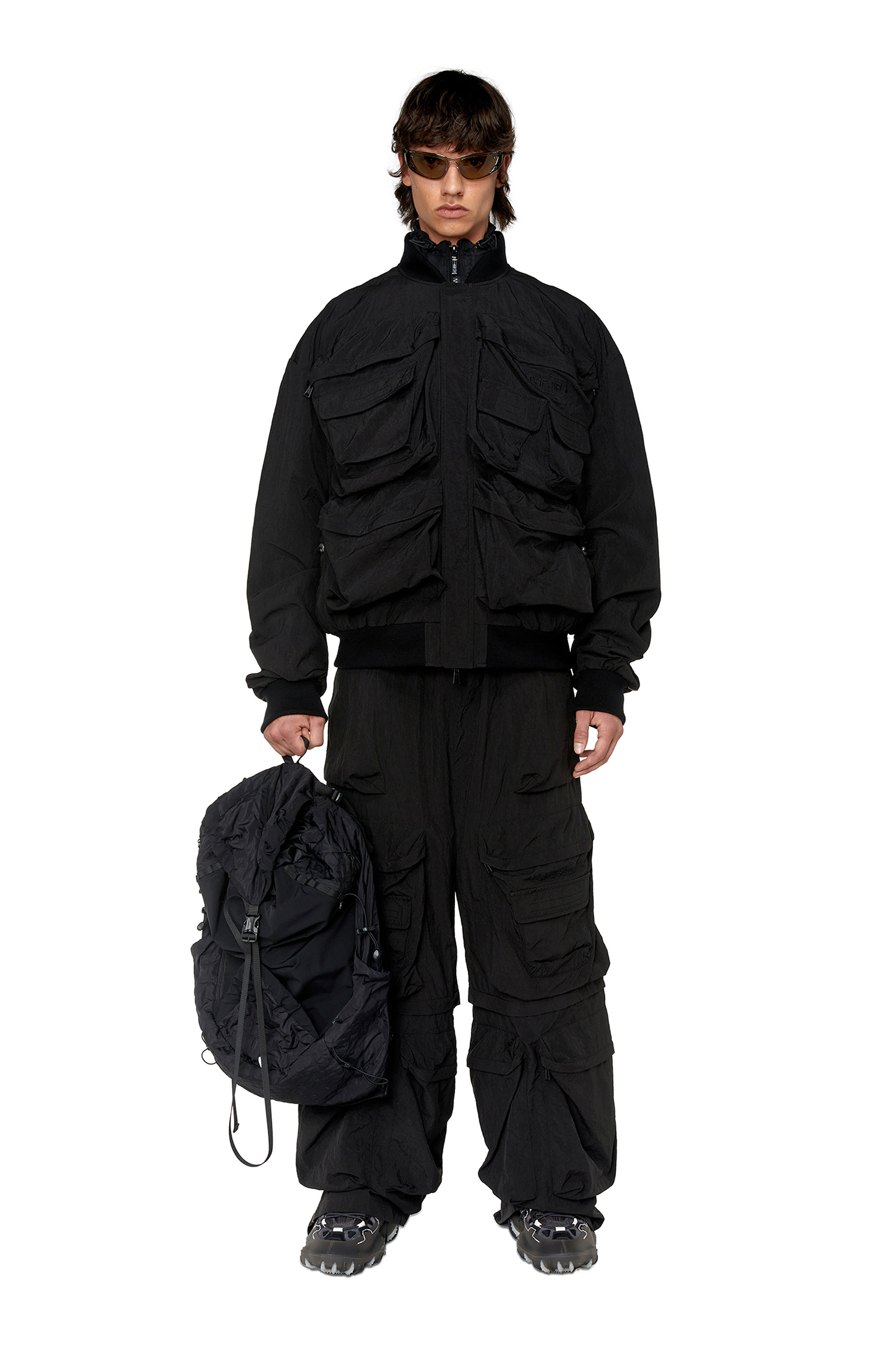 Diesel - J-STAIN-SHORT, Man's Nylon bomber with maxi pockets in Black - 1