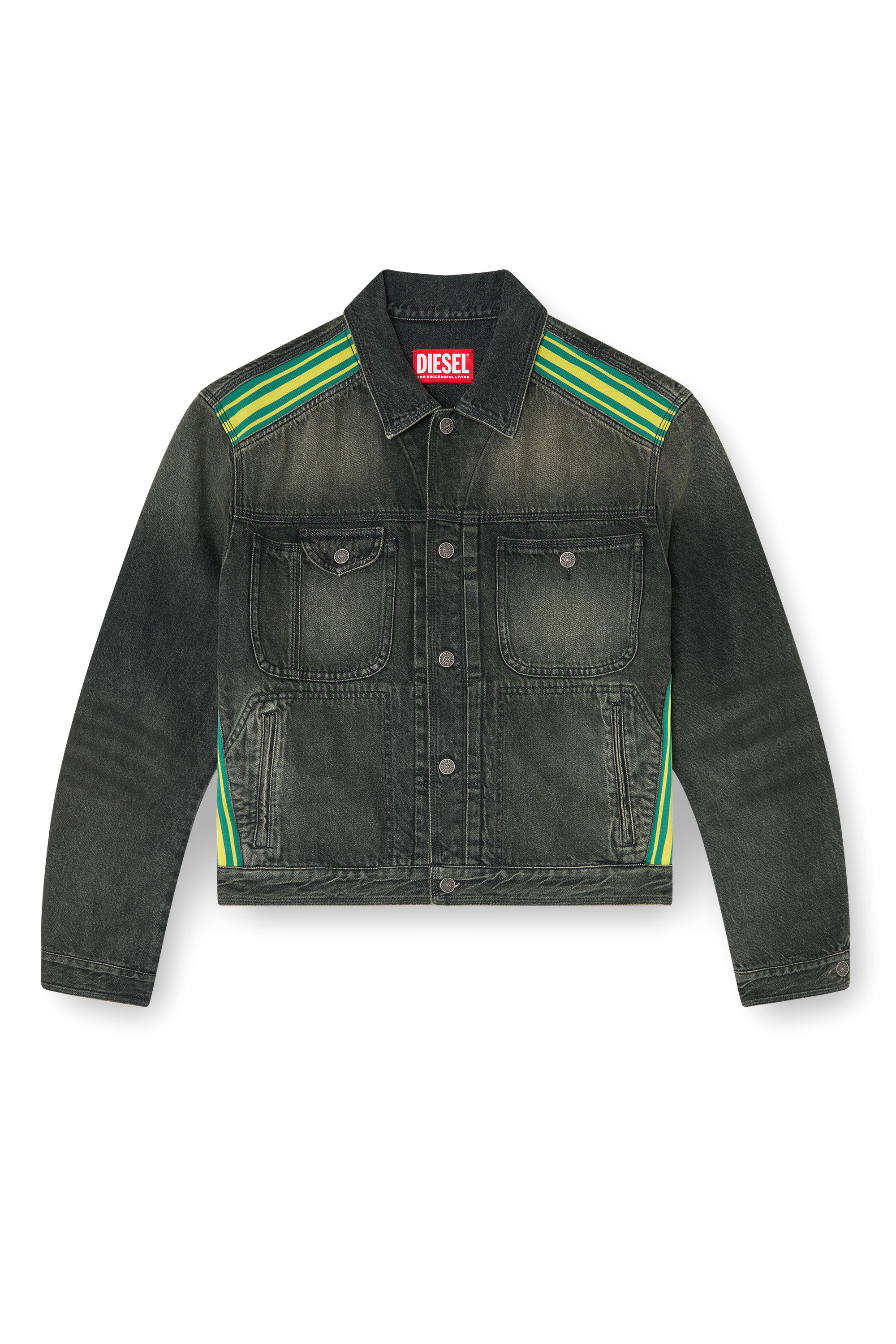 Diesel - D-BAS-FSJ1, Male's Trucker jacket with striped shoulder bands in Black/Dark Grey - 2
