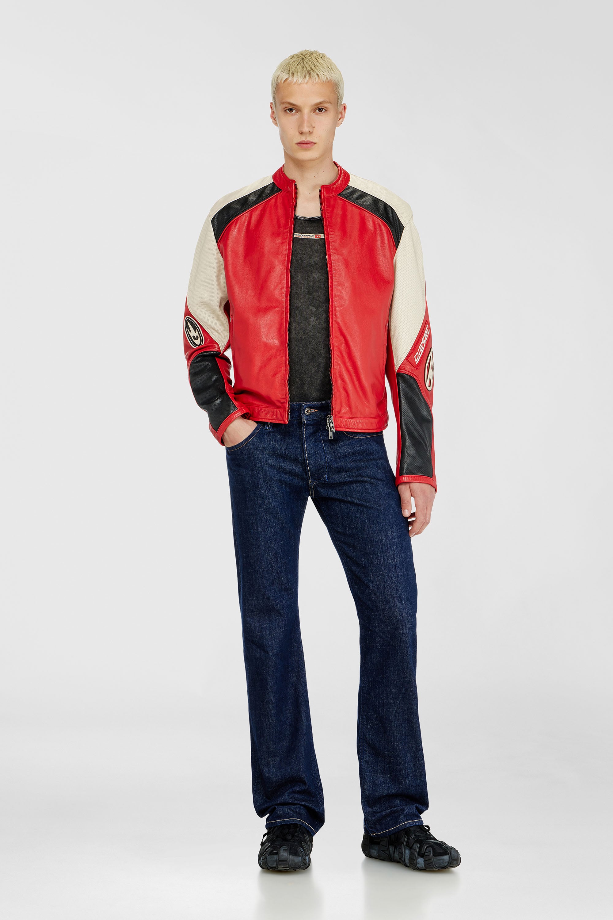 Diesel - L-AHTI, Male's Biker jacket in colour-block perforated leather in Beige/Red - 2