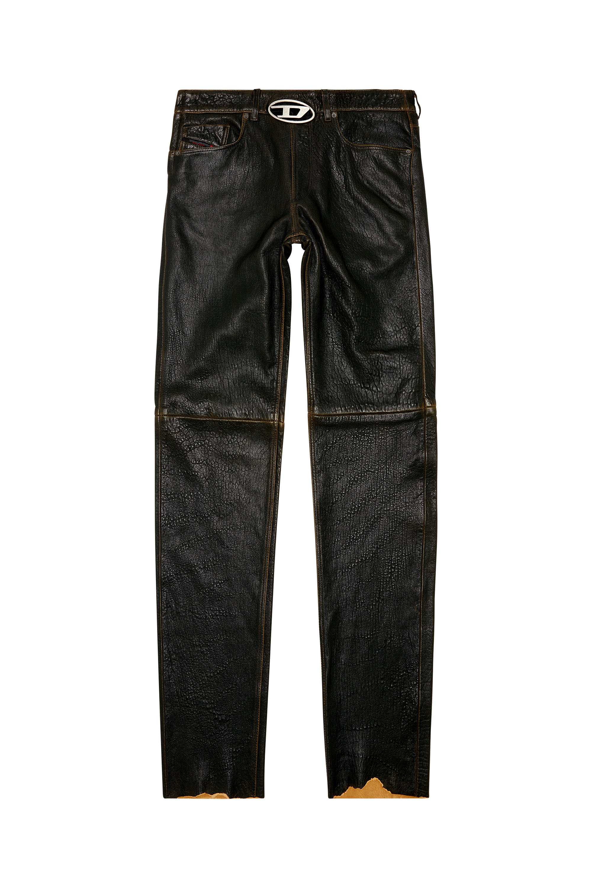Diesel - P-KOOMAN, Man's Textured leather pants with logo cut-out in Brown - 2