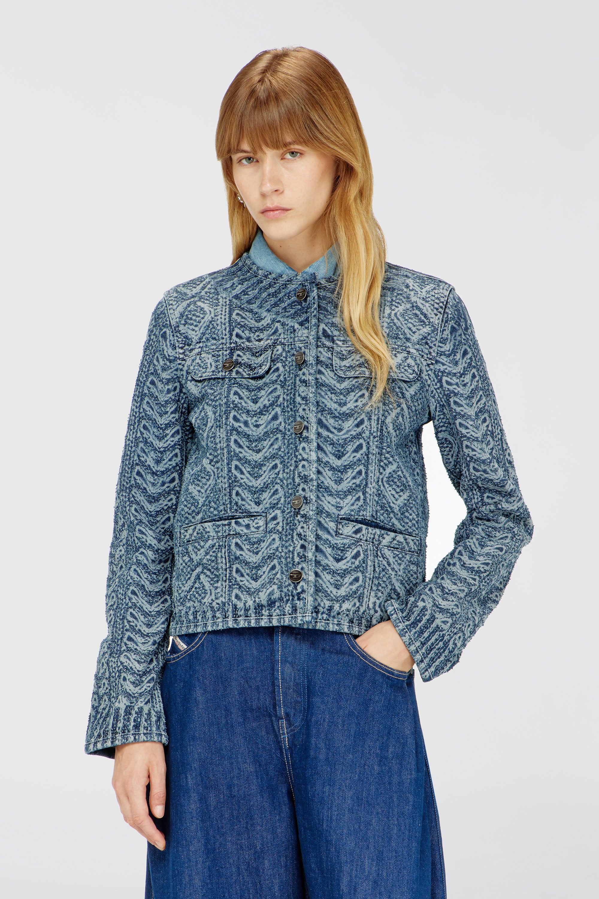 Diesel - DE-GRAFY-S2, Chaqueta sin cuello de denim con efecto punto trenzado Mujer in Azul marino - 3