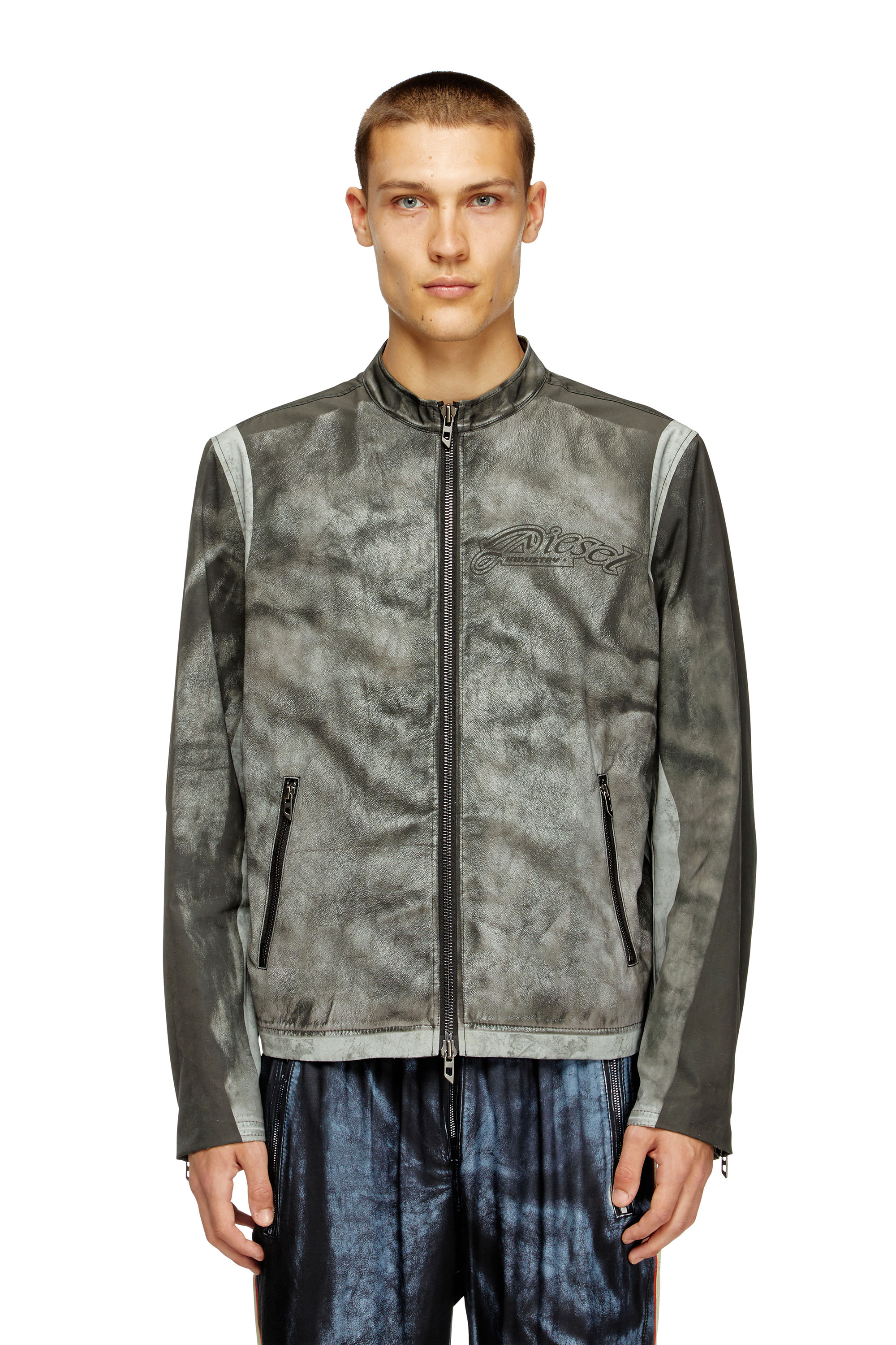 Diesel - J-EVERT, Male's Biker jacket in printed canvas in Dark Grey - 1