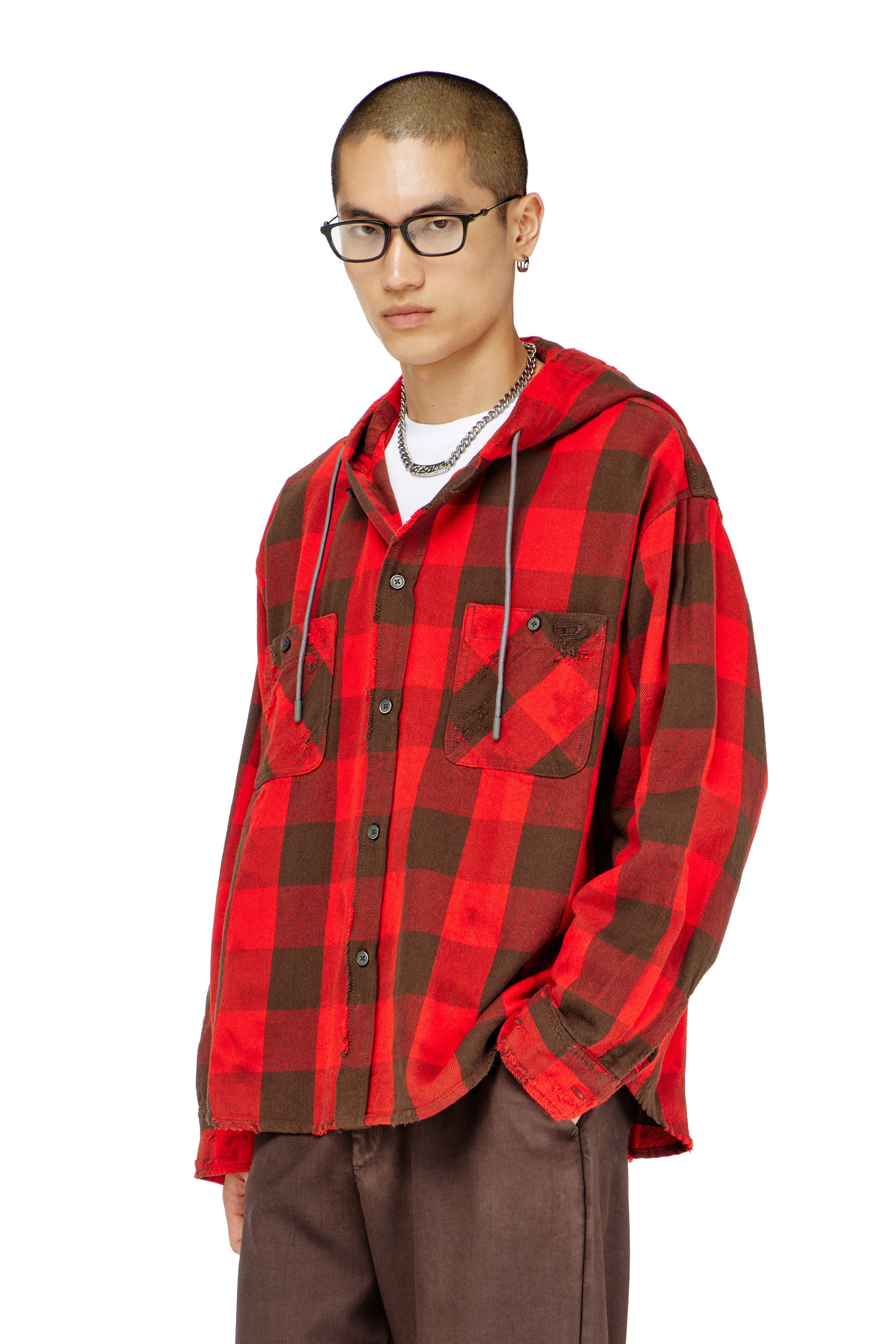 Diesel - S-DRUM-HOODY, Man's Distressed hooded shirt in check flannel in Red/Brown - 1
