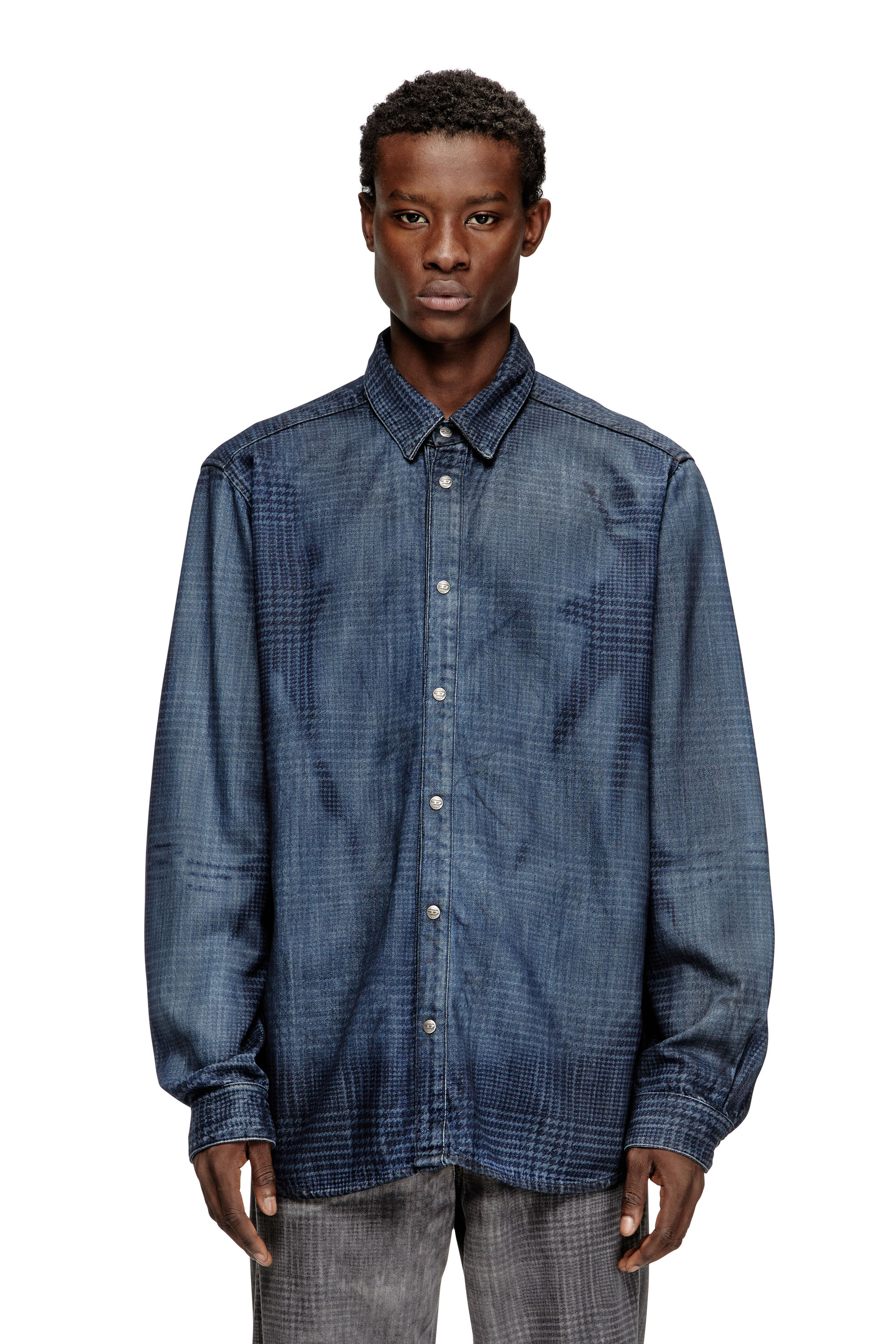 Diesel - D-SIMPLY-S13, Camisa de denim fluido con estampado Príncipe de Gales Hombre in Azul marino - 3