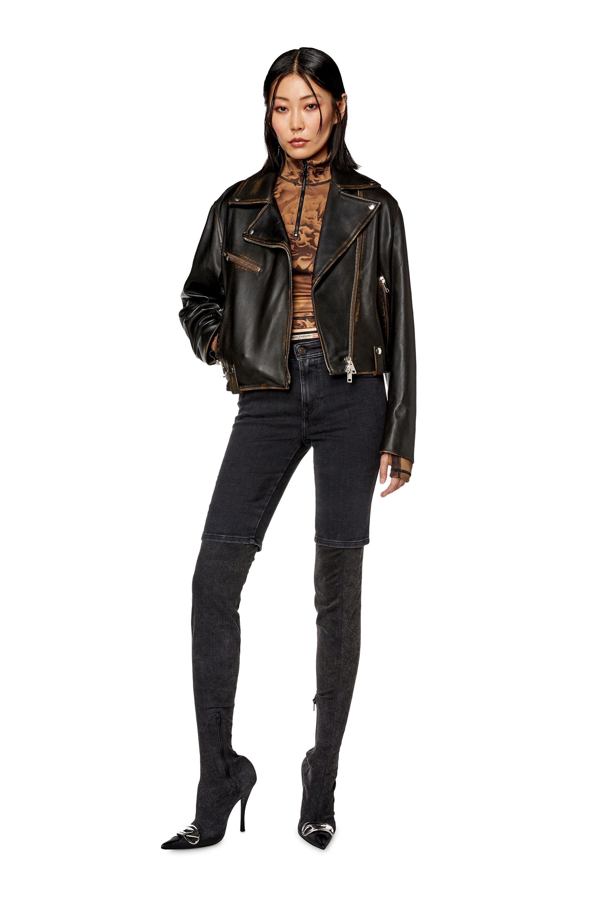Diesel - L-EDME, Veste biker en cuir foulonné Femme in Noir - 2