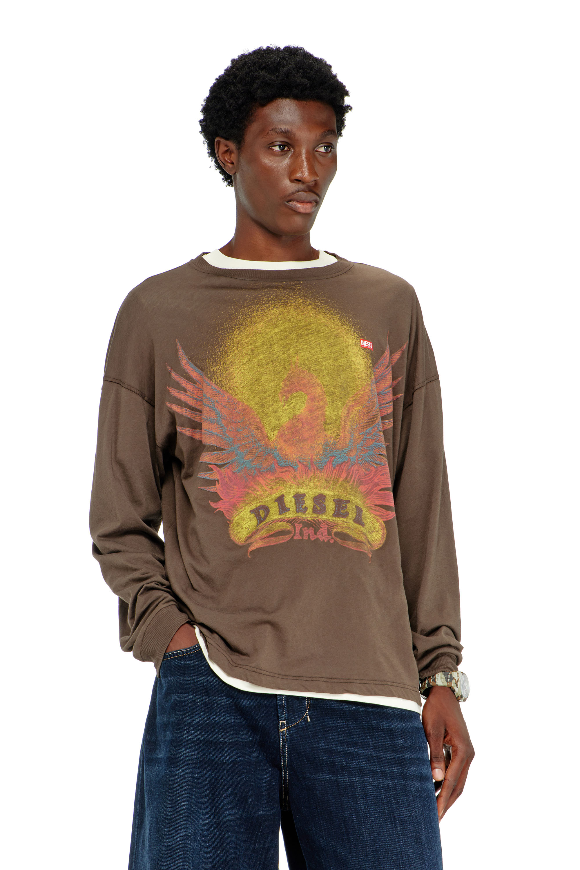 Diesel - T-BOXT-LS-AA1, Camiseta de manga larga con gr&aacute;fico de Phoenix Hombre in Marr&oacute;n - 1