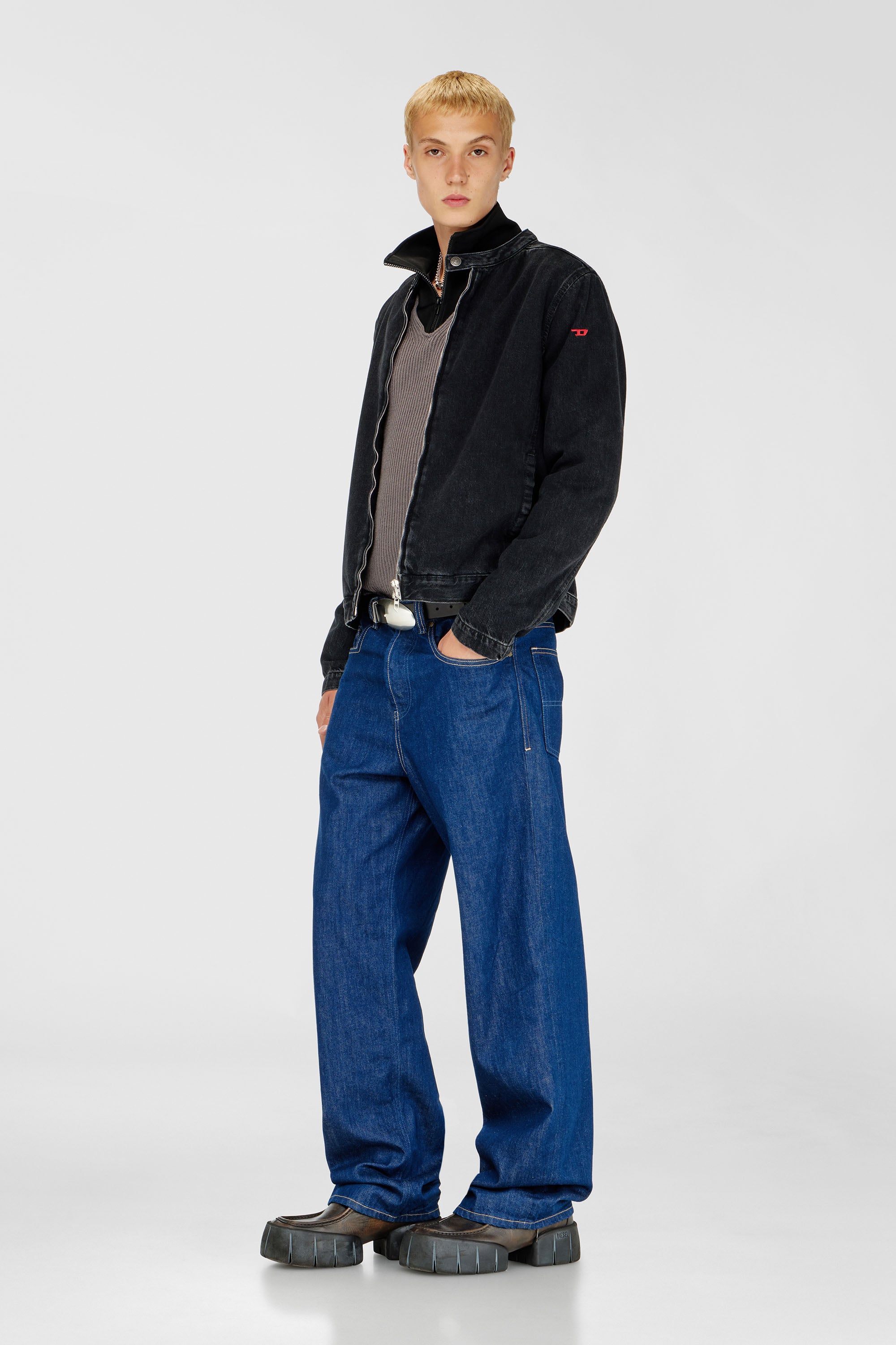 Diesel - D-GLORY, Man's Moto jacket in clean-wash denim in Black - 1