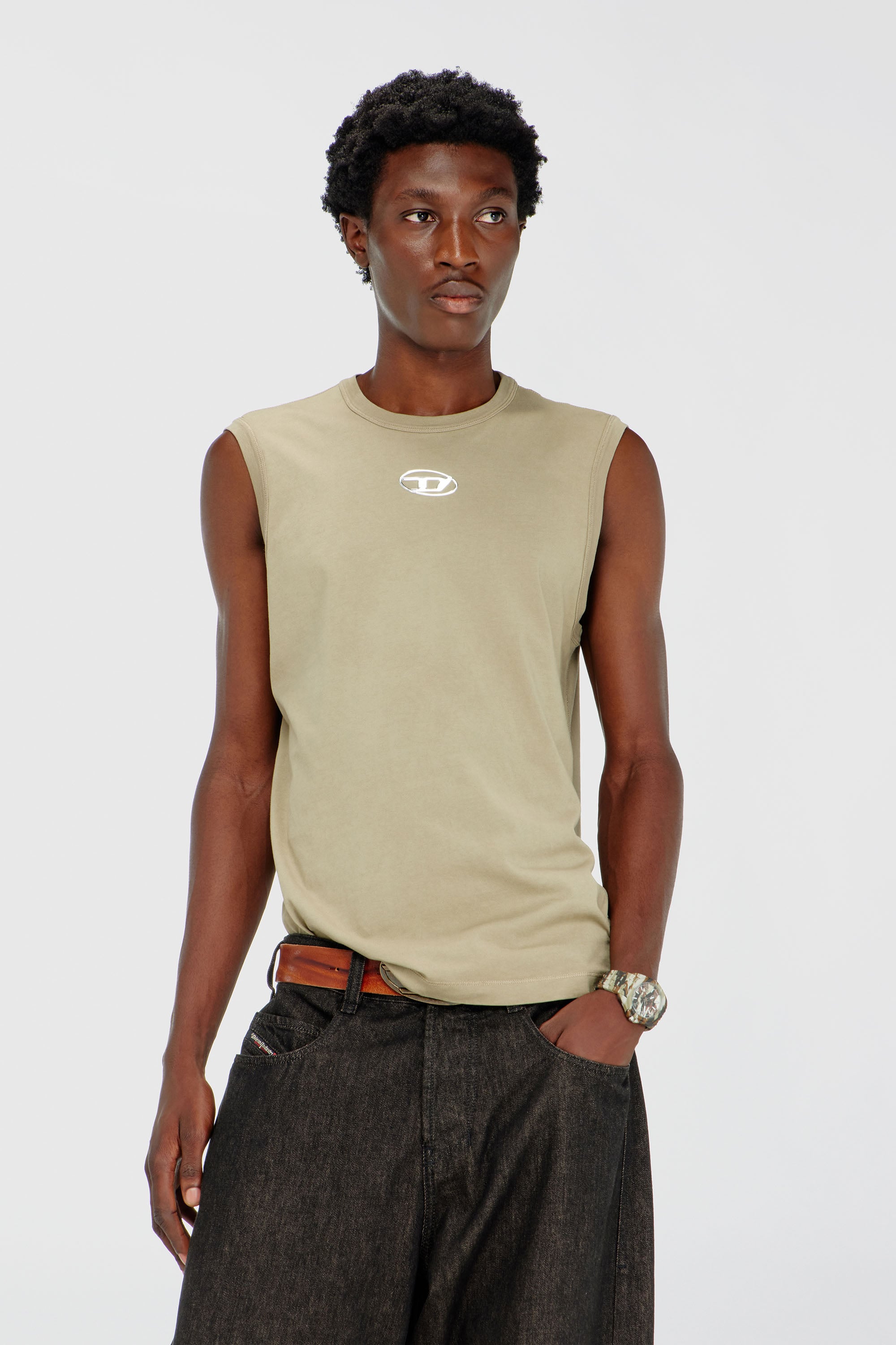 Diesel - T-BISCO-IOD, Man's Cotton tank top with metallic Oval D in Beige - 1