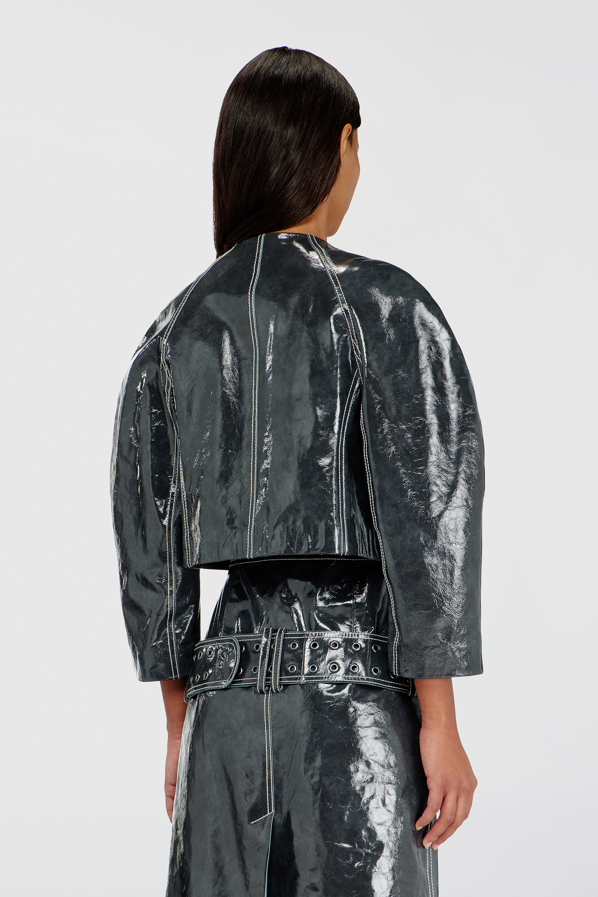 Diesel - L-ANDON, Woman's Patent-leather jacket with cocoon sleeves in Dark grey - 5