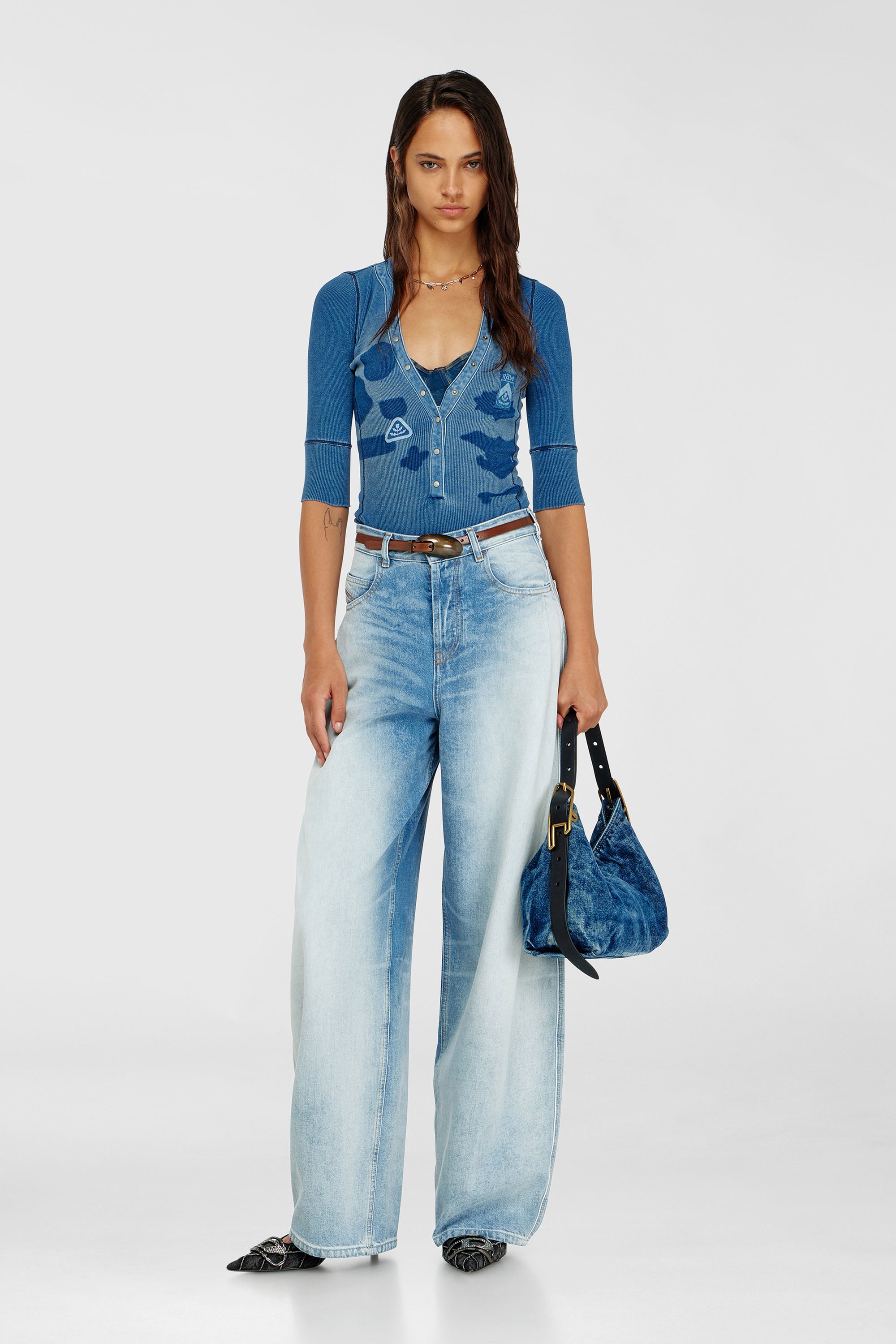 Diesel - T-EREME, Female's Henley top with shadow-patch effects in Medium Blue - 2