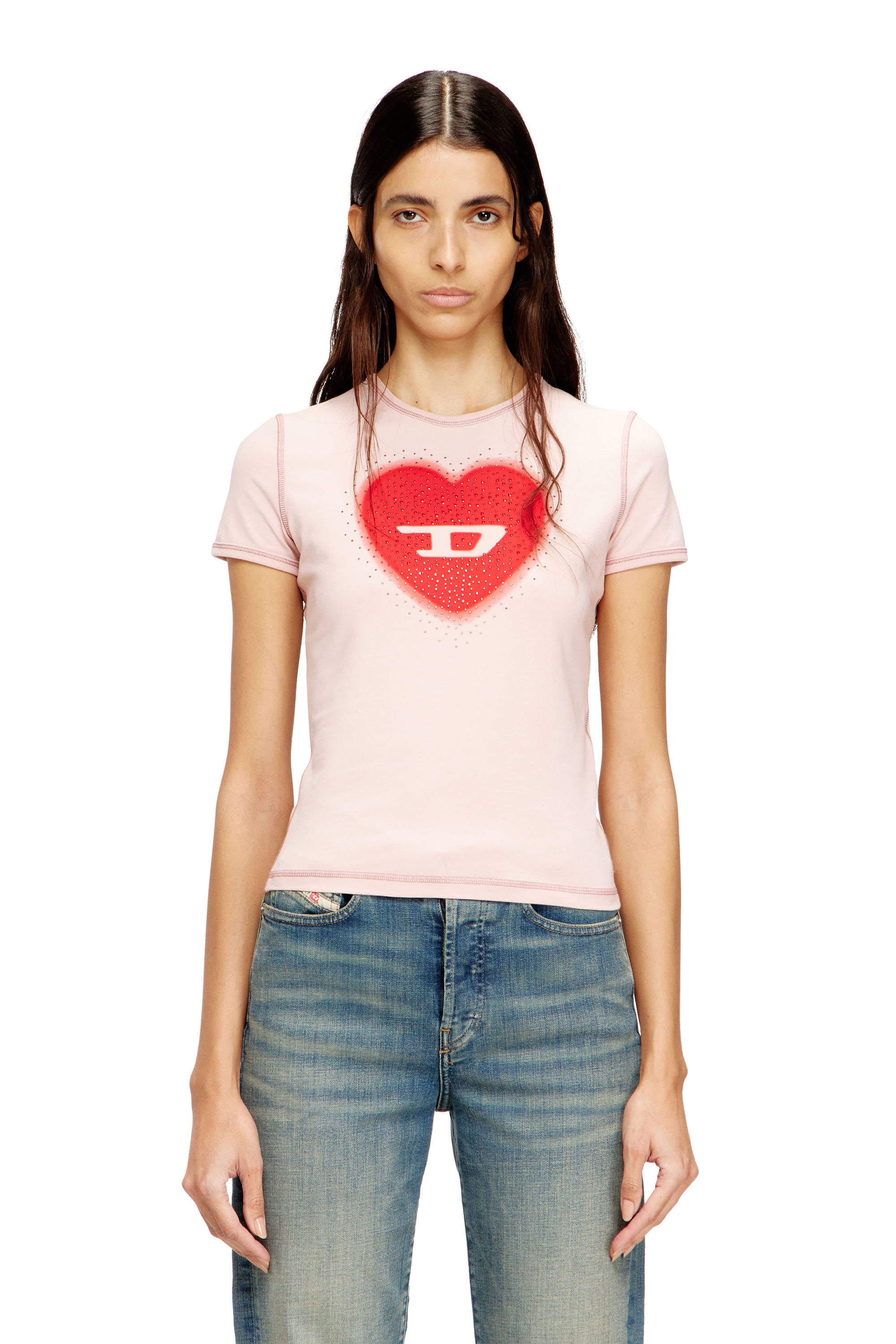 Diesel - T-UNCUTIES-LONG-S5, Woman's Slim T-shirt with heart print and studs in null - 1