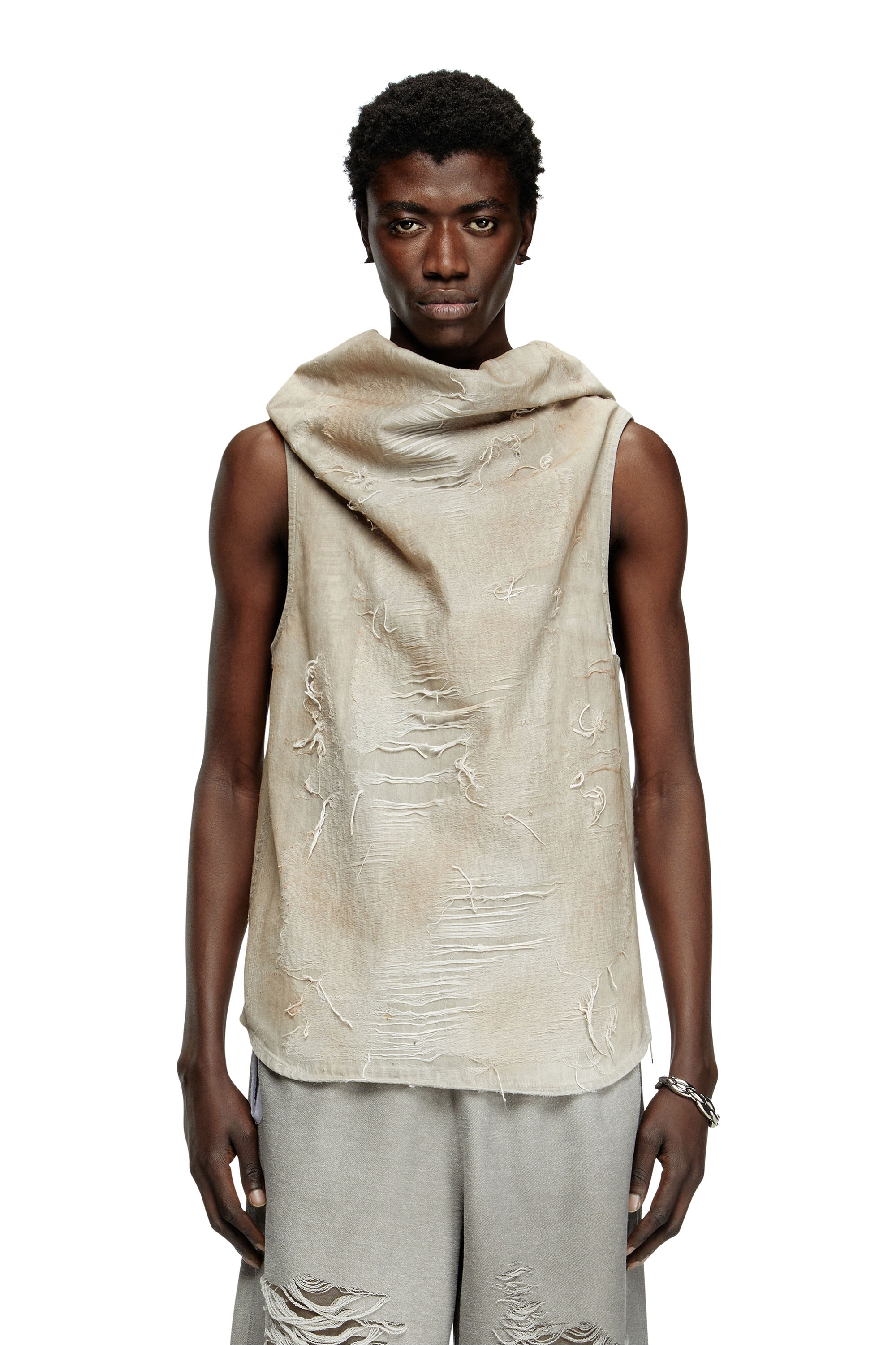 Diesel - D-TASTON-FSG, Man's Muscle Tee in micro-distressed jacquard denim in Light Grey - 3