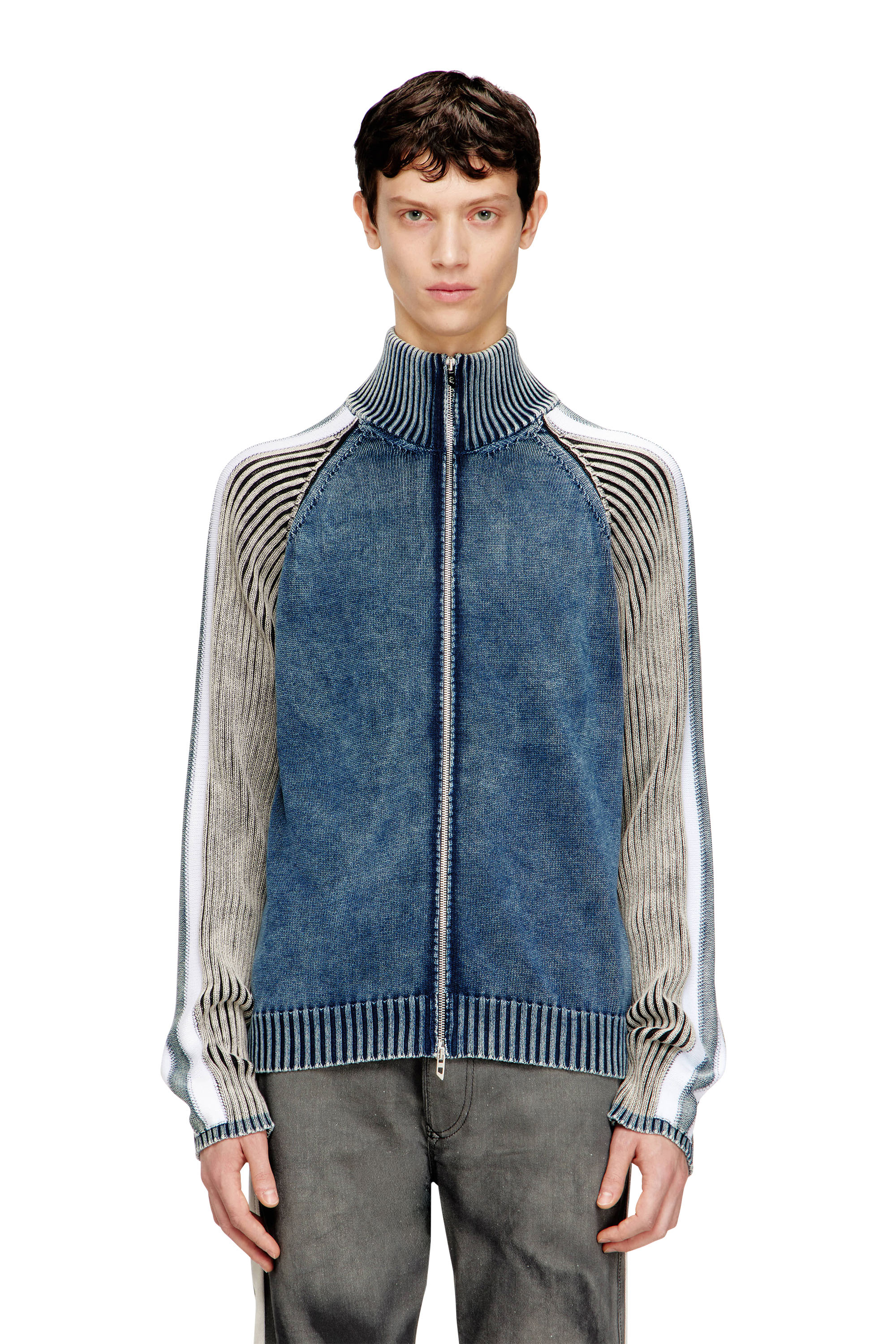 Diesel - K-HERONIMO, Man's Zip-up cardigan with sporty bands in Blue/Grey - 1