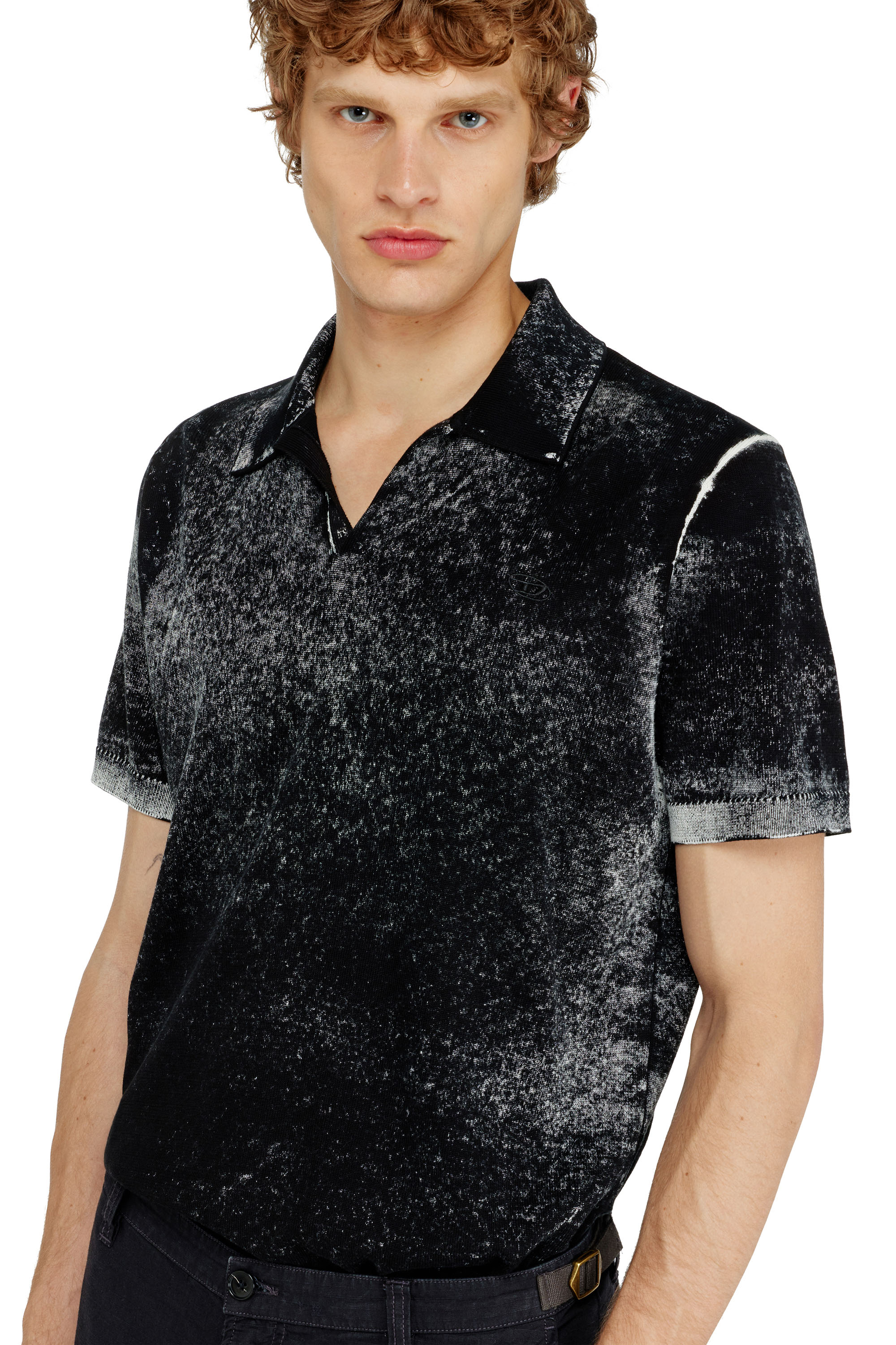 Men's Knit polo shirt with faded reverse print | Black | Diesel