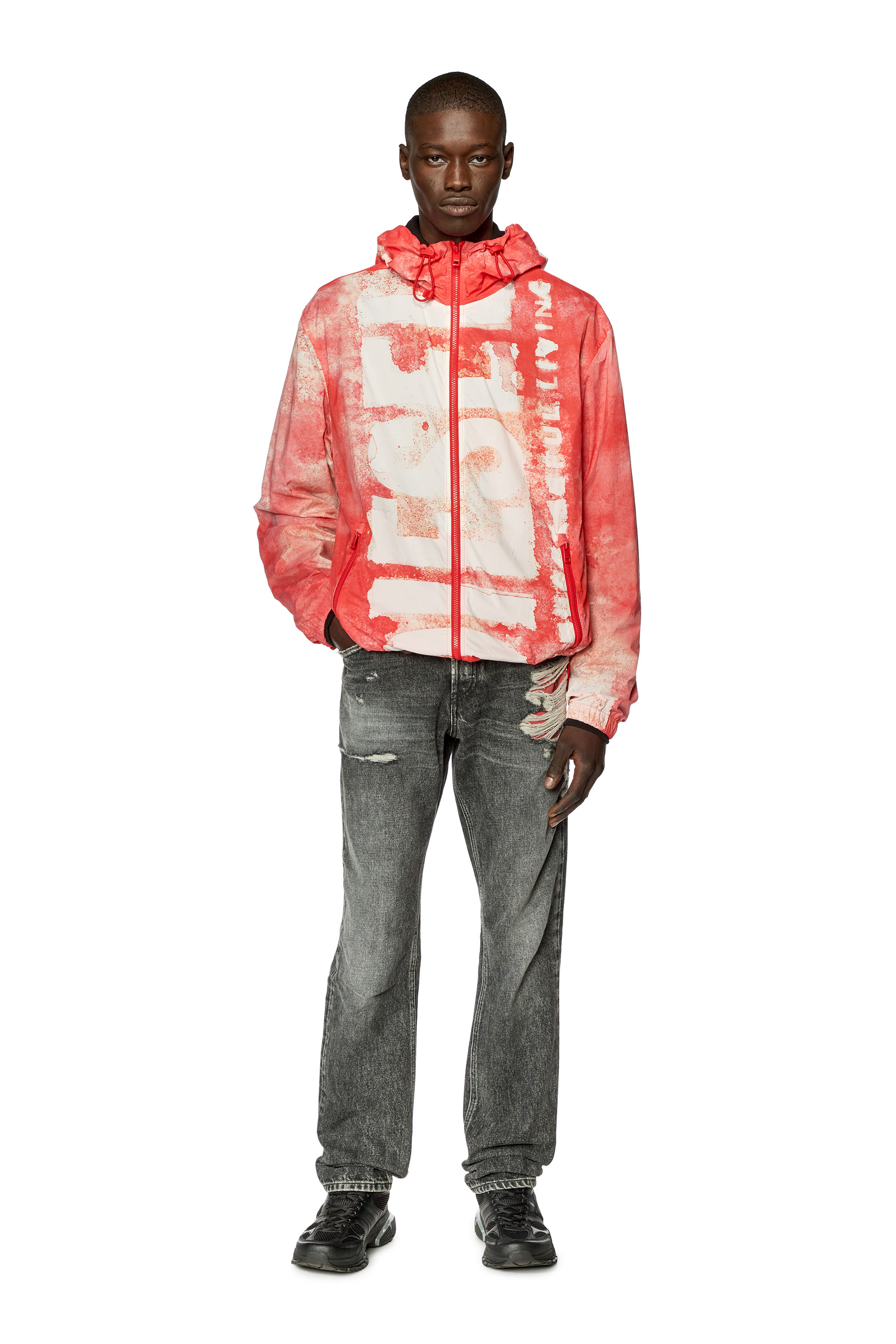 Diesel - J-WARRETT-LOGO-LOGO, Man's Watercolour-effect windbreaker with logo in Red/White - 1
