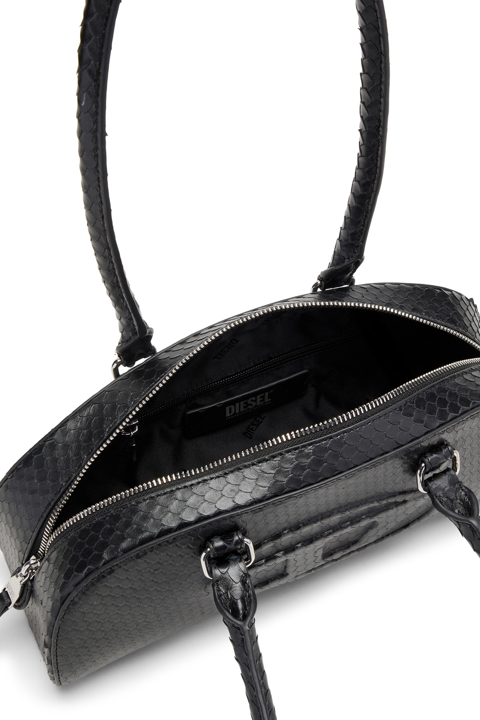 Diesel - 1DR DOME SHOULDER EW, 1DR Dome-Sac bowling allong&eacute; en cuir textur&eacute; Femme in Noir - 5