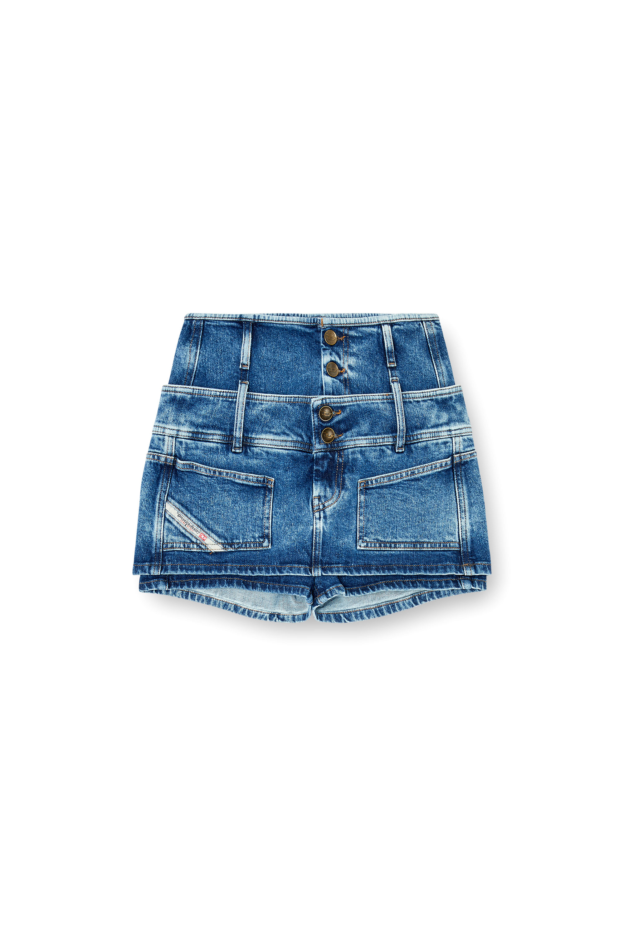 Diesel - DE-CORIVA-S, Female's Denim mini skort with double waist in Medium Blue - 3