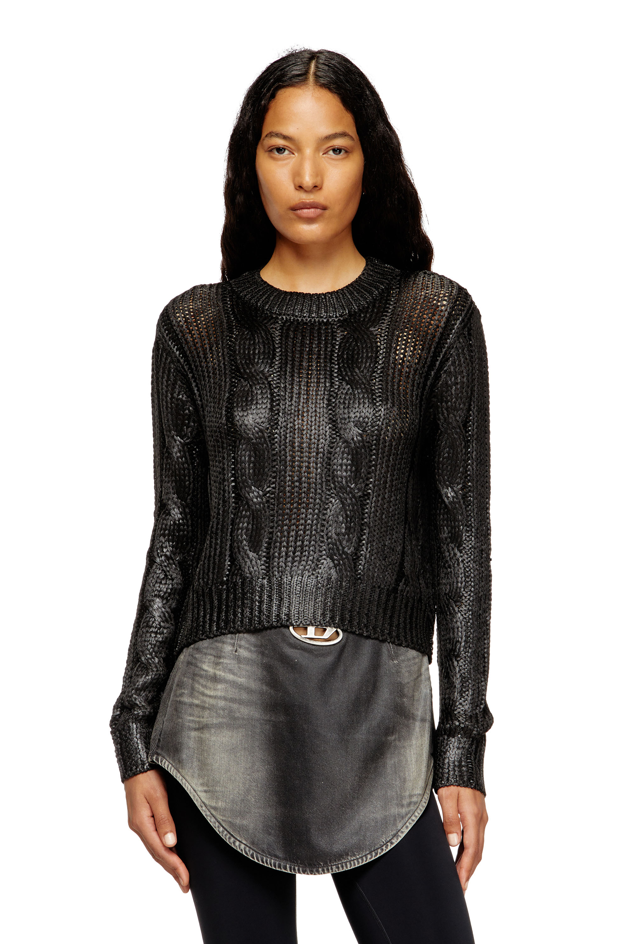 Diesel - M-MICCHA, Woman's Cable-knit jumper with shiny effect in Black - 1