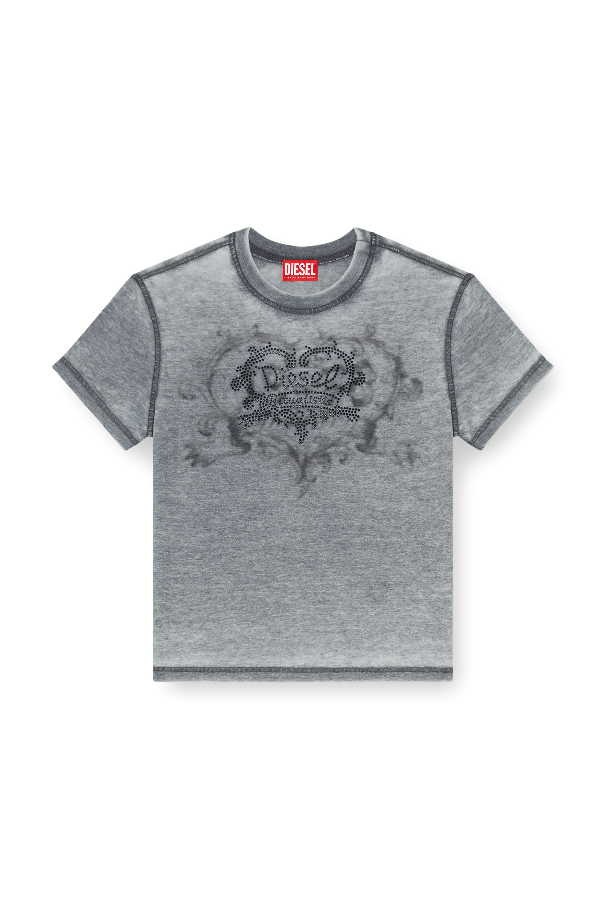 Diesel - T-ILA-AA1, Camiseta de jersey con strass y burnout effect Mujer in Gris - 3