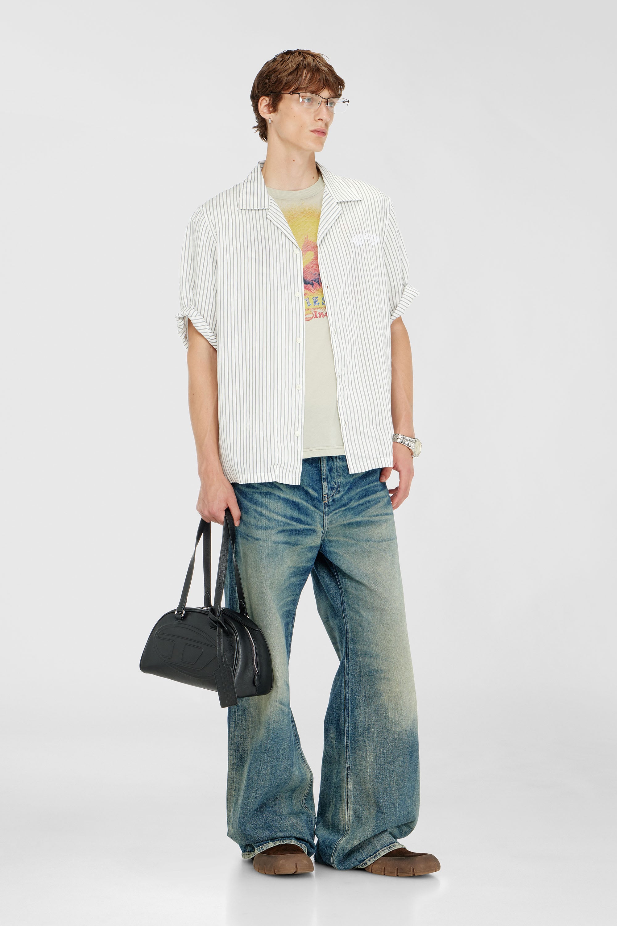 Diesel - S-MAC-EFBV, Male's Half-sleeve shirt in pinstripe modal in White/Grey - 1