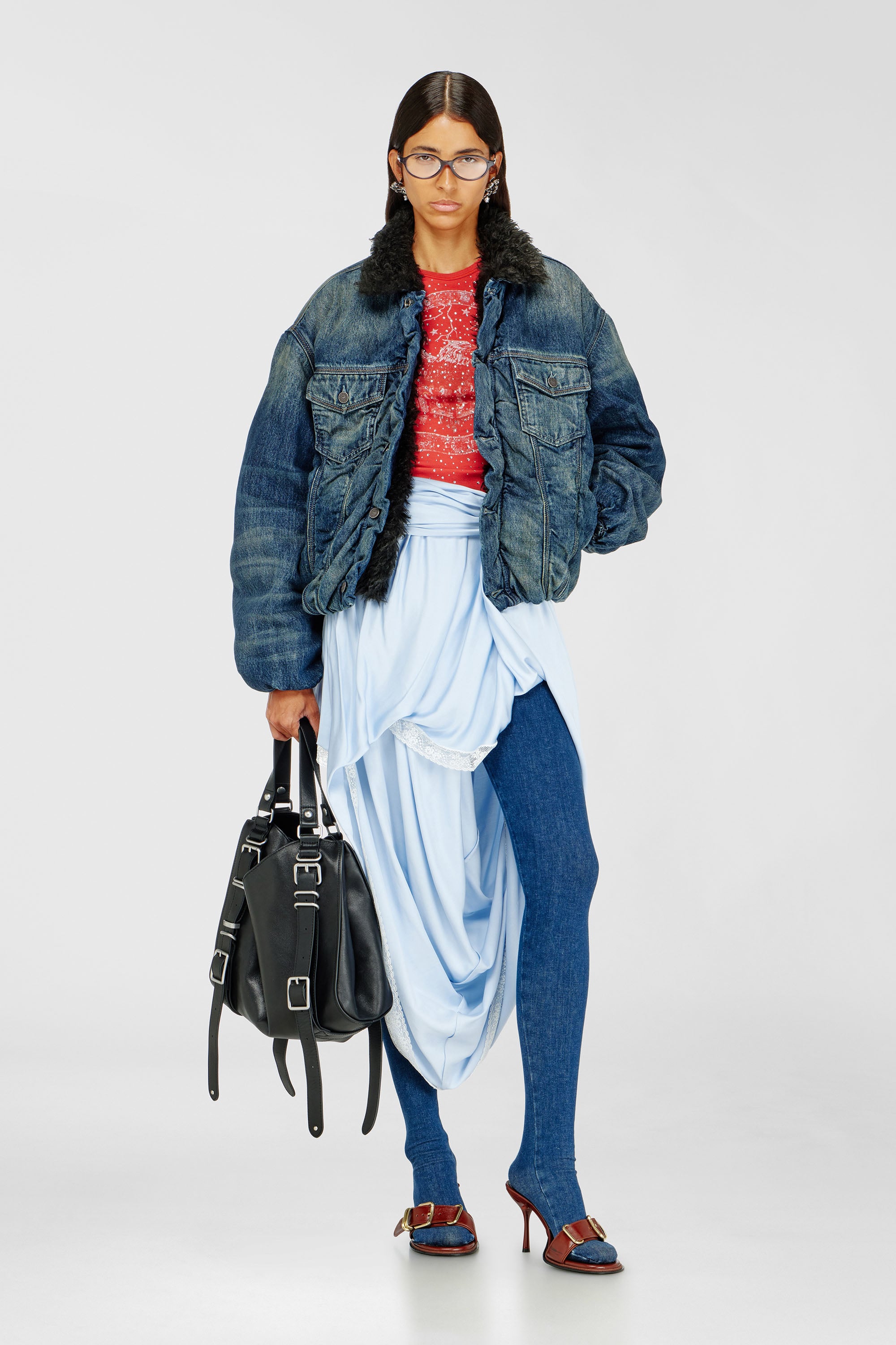Diesel - D-CURLY-FSJ1, Veste trucker en denim doubl&eacute;e en teddy Mixte in Bleu - 2